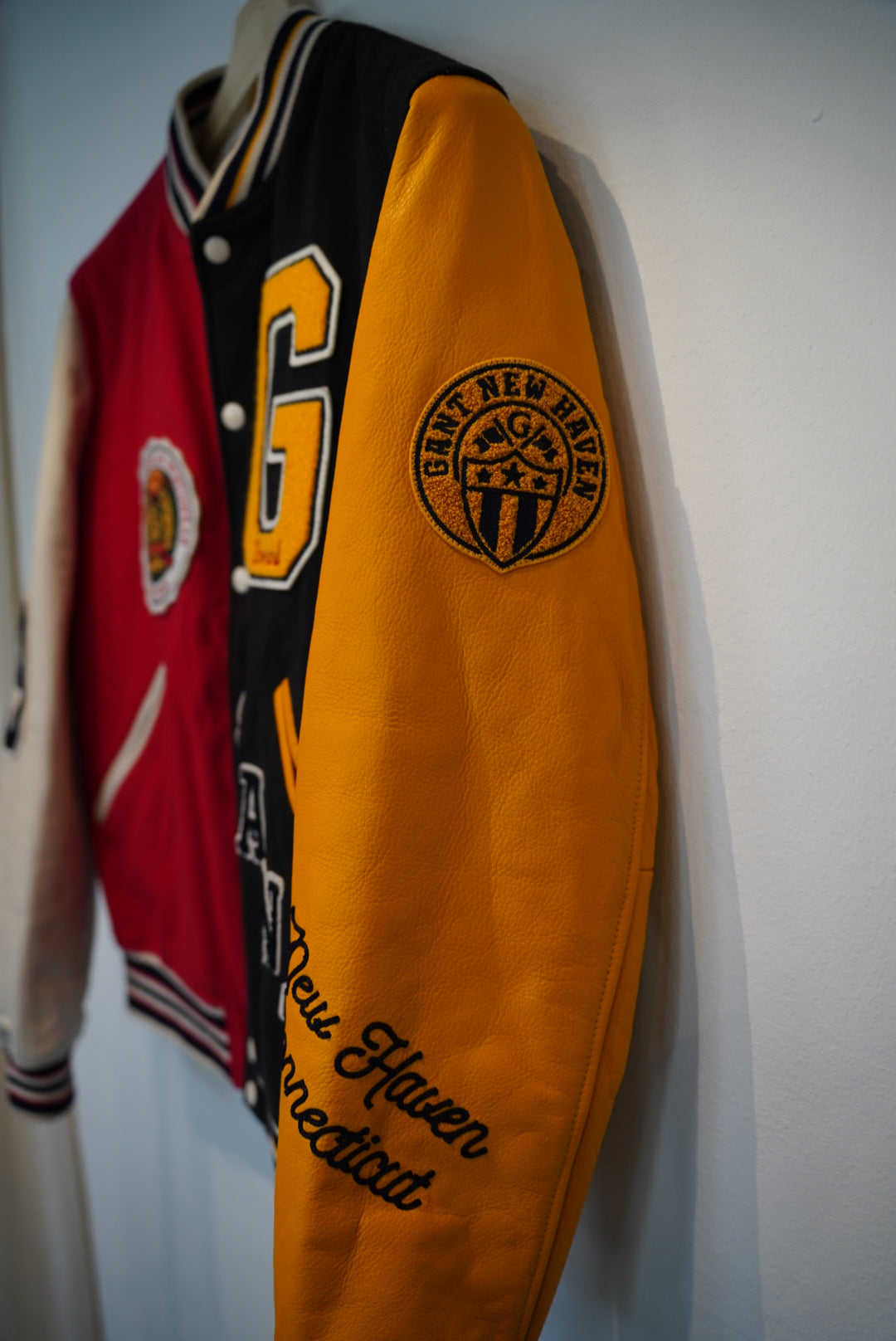 Gant Red, Black, Yellow and White Leather Sleeves Press-Stud Varsity Jacket