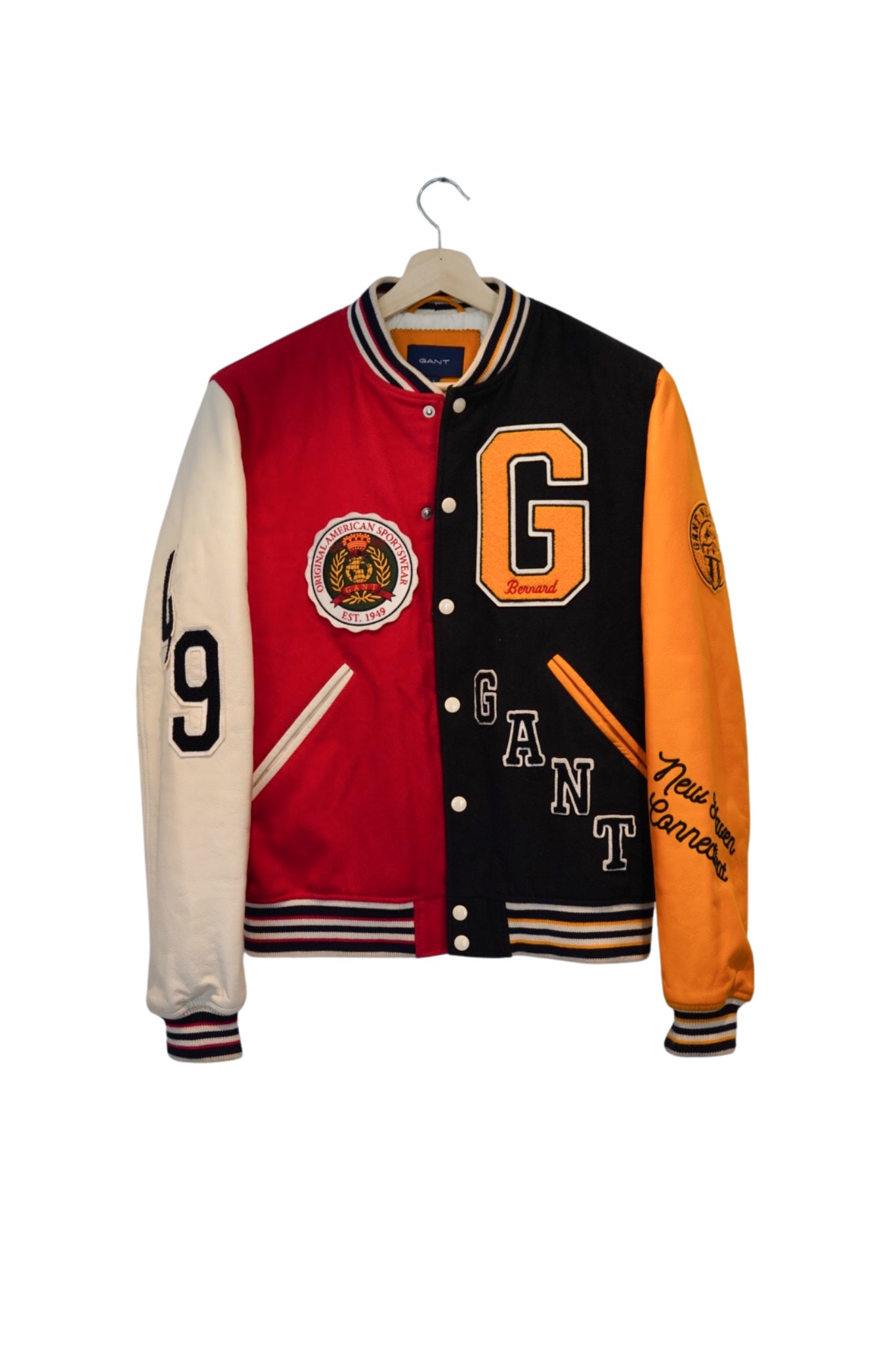 Gant Red, Black, Yellow and White Leather Sleeves Press-Stud Varsity Jacket