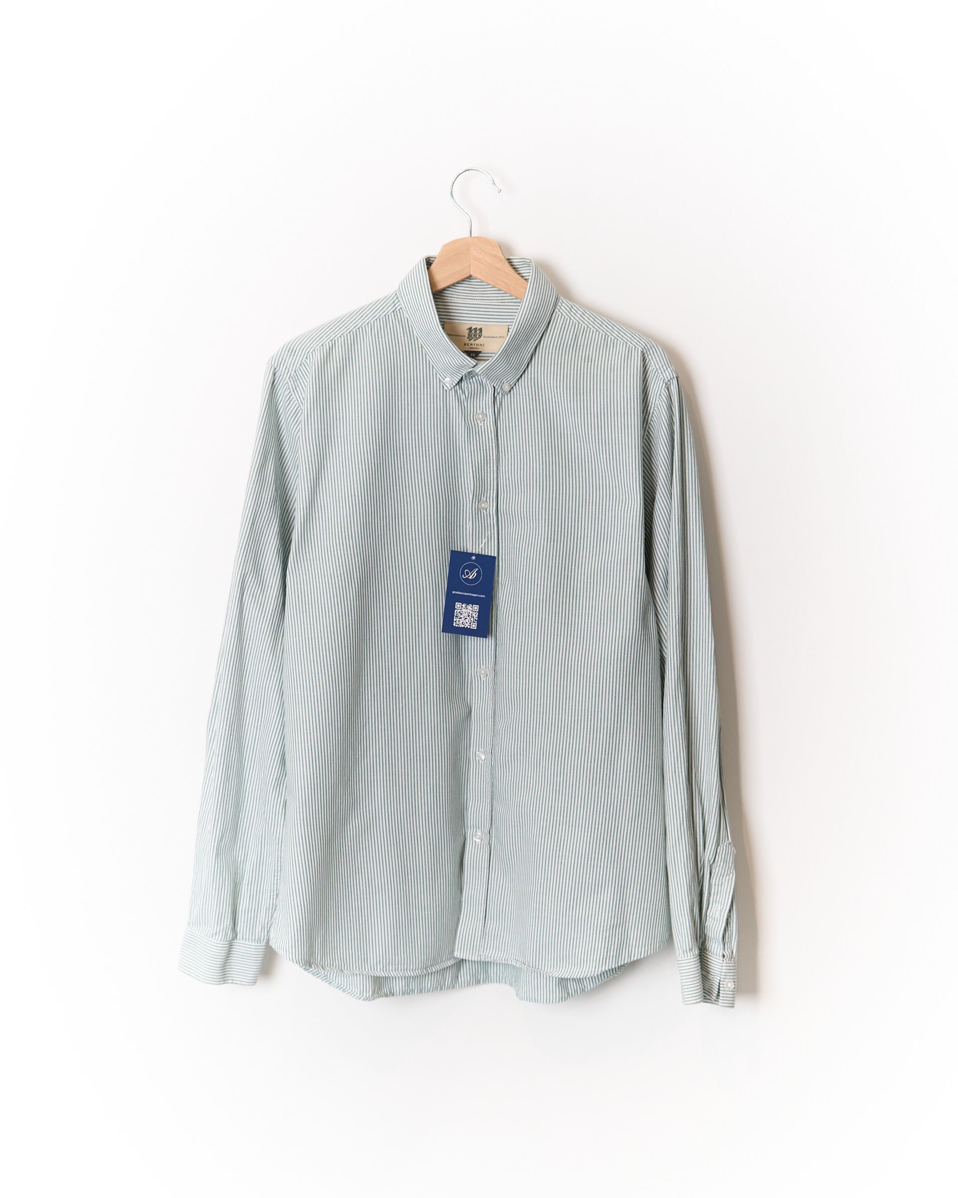 Bertoni Green and White Striped Easy Care Button Down Cotton Shirt