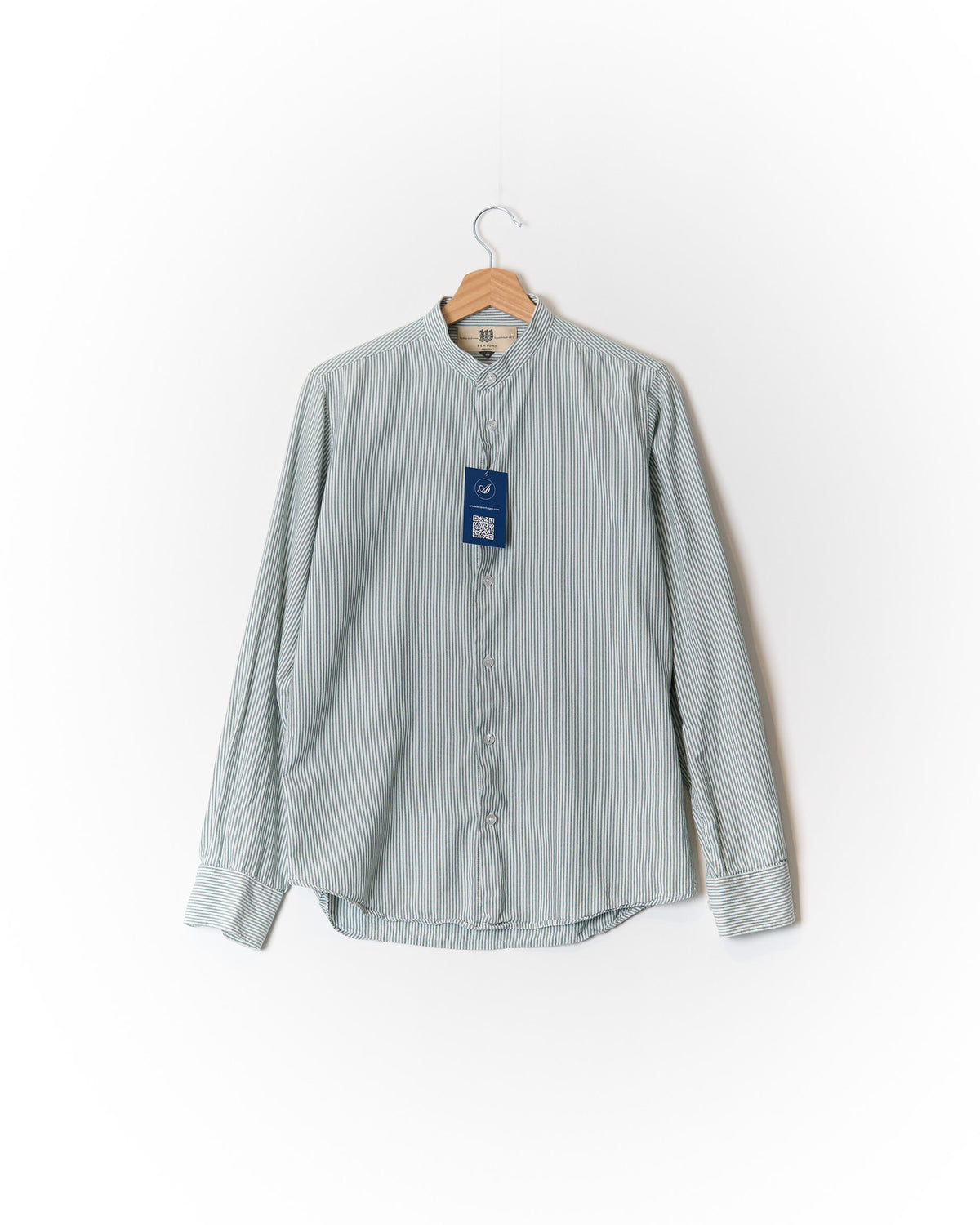Bertoni Green and White Striped China Collar Easy Care Cotton Shirt