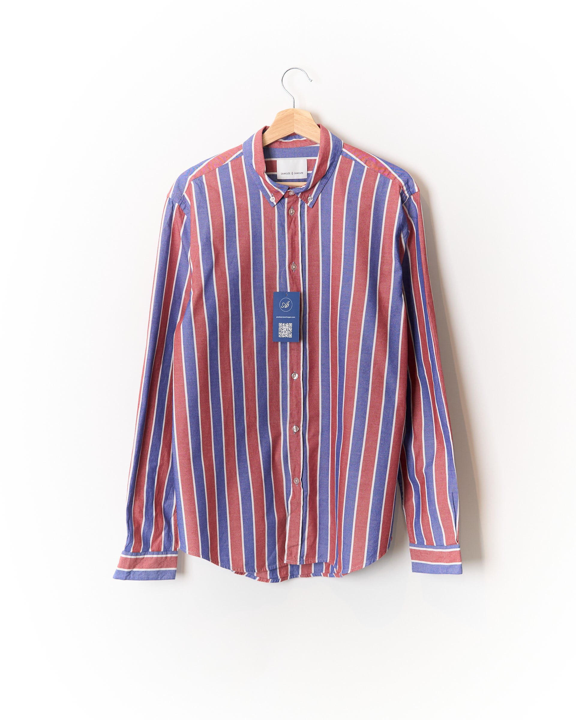 Samsøe Samsøe Red and Blue Striped Liam BX Button Down Cotton Shirt