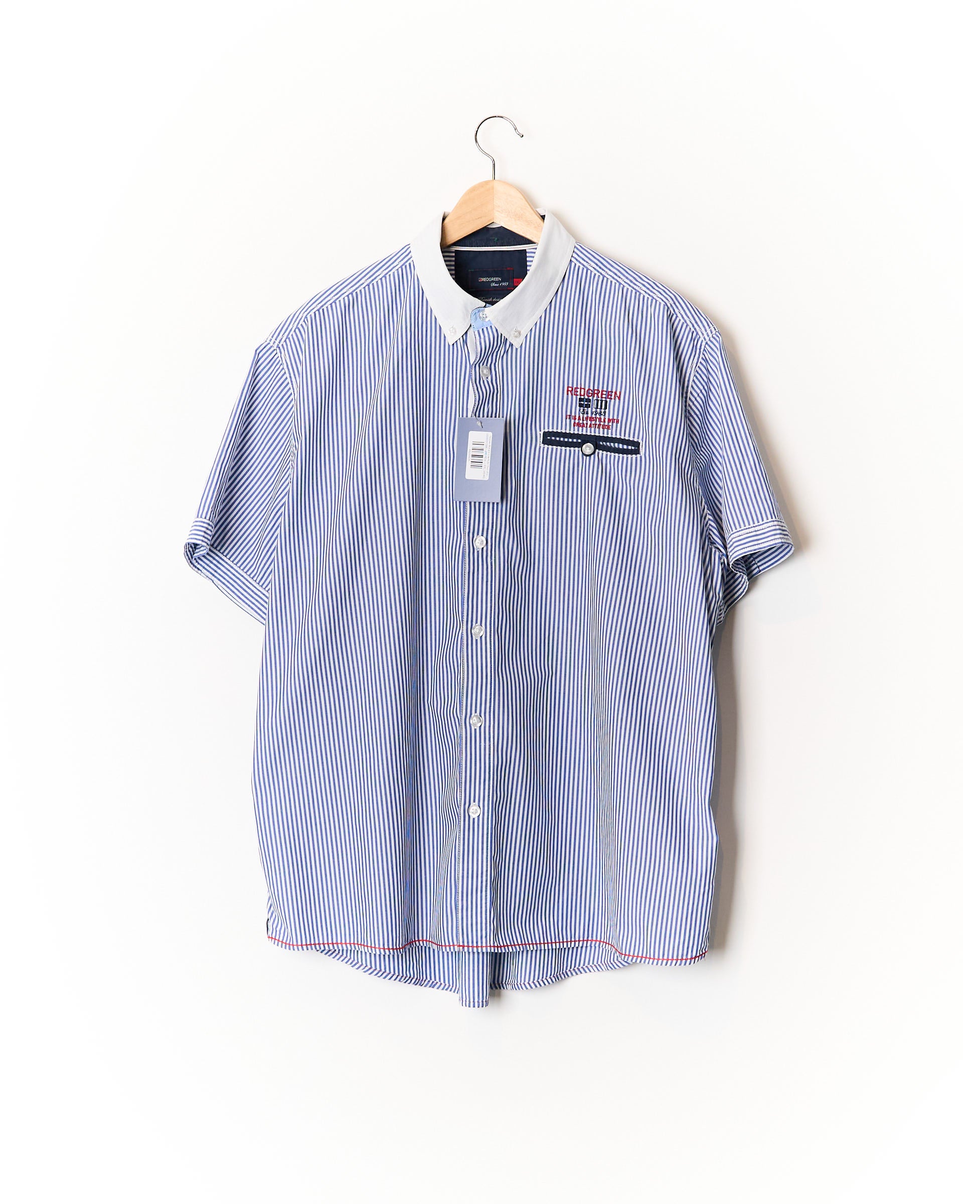 Redgreen Blue and White Button Down Short Sleeved Cotton Shirt