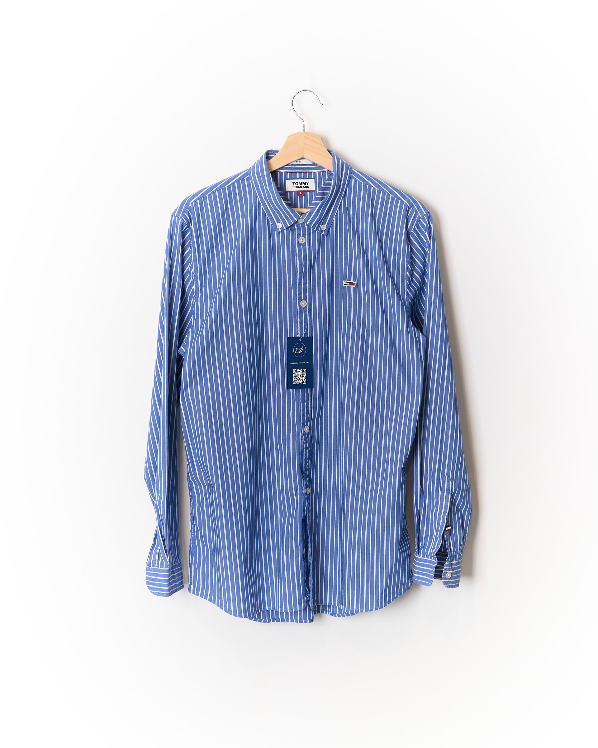 Tommy Hilfiger Blue and White Striped Slim Fit Button Down Cotton Shirt