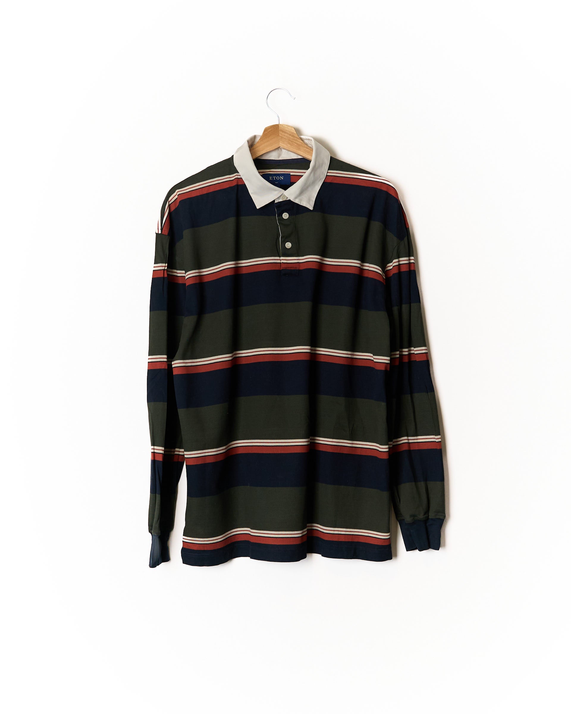 Eton Dark Green, Orange and Navy Striped White Collar Cotton Rugger