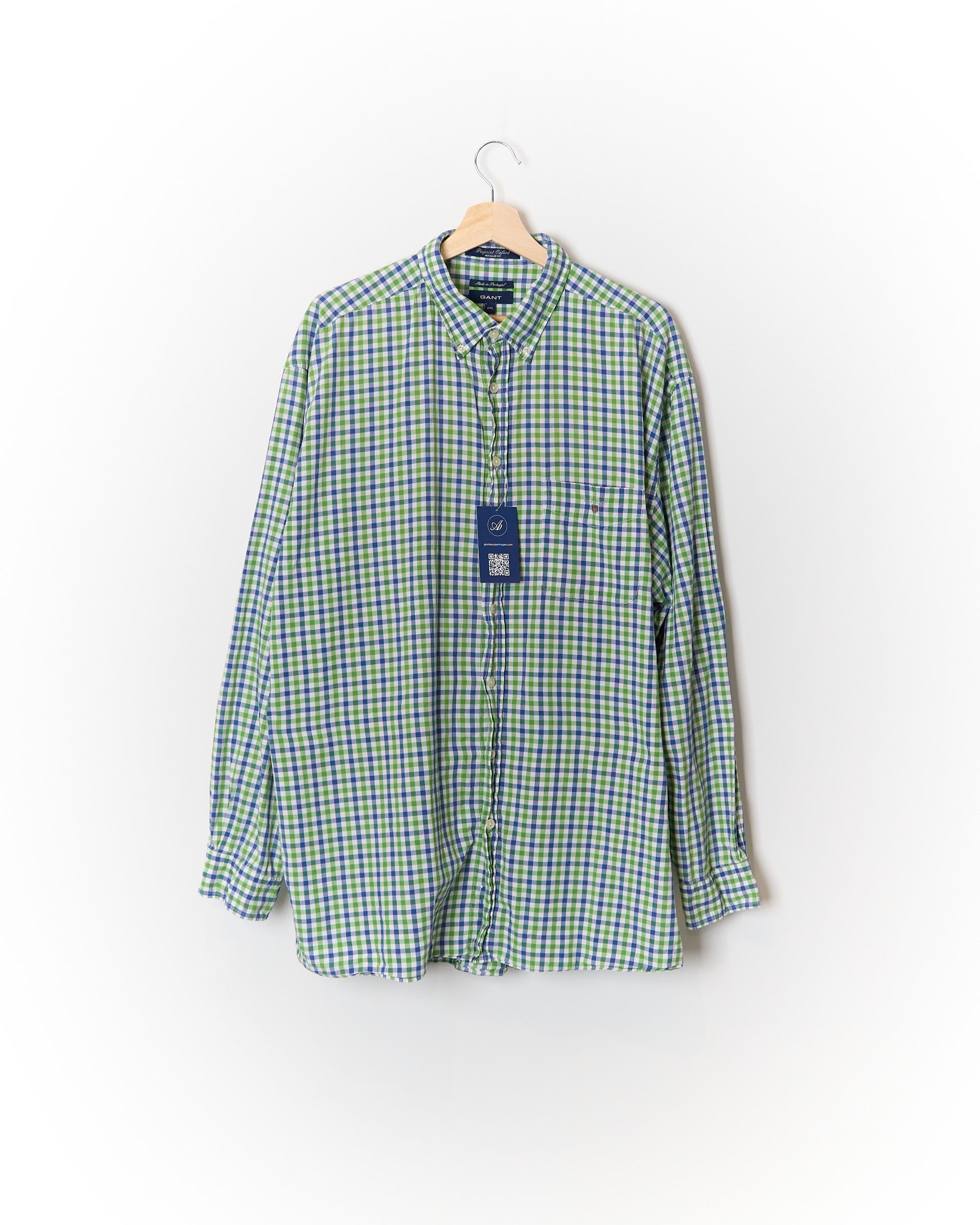 Gant Green, Blue and White Checkered Pinpoint Oxford Regular Fit Button Down Cotton Shirt