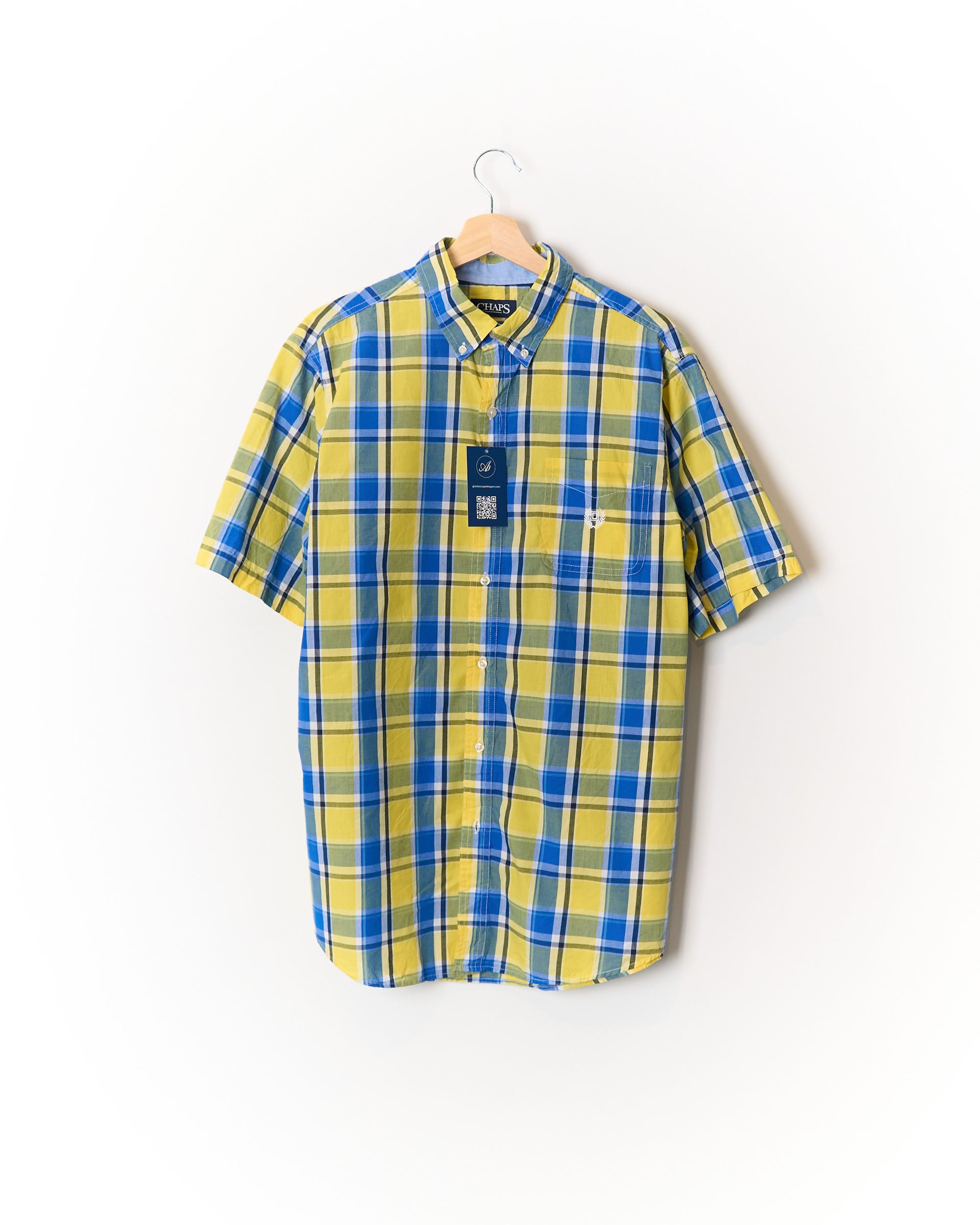 Ralph Lauren Chaps Yellow and Blue Checkered Button Down Easy Care Short Sleeved Cotton Shirt