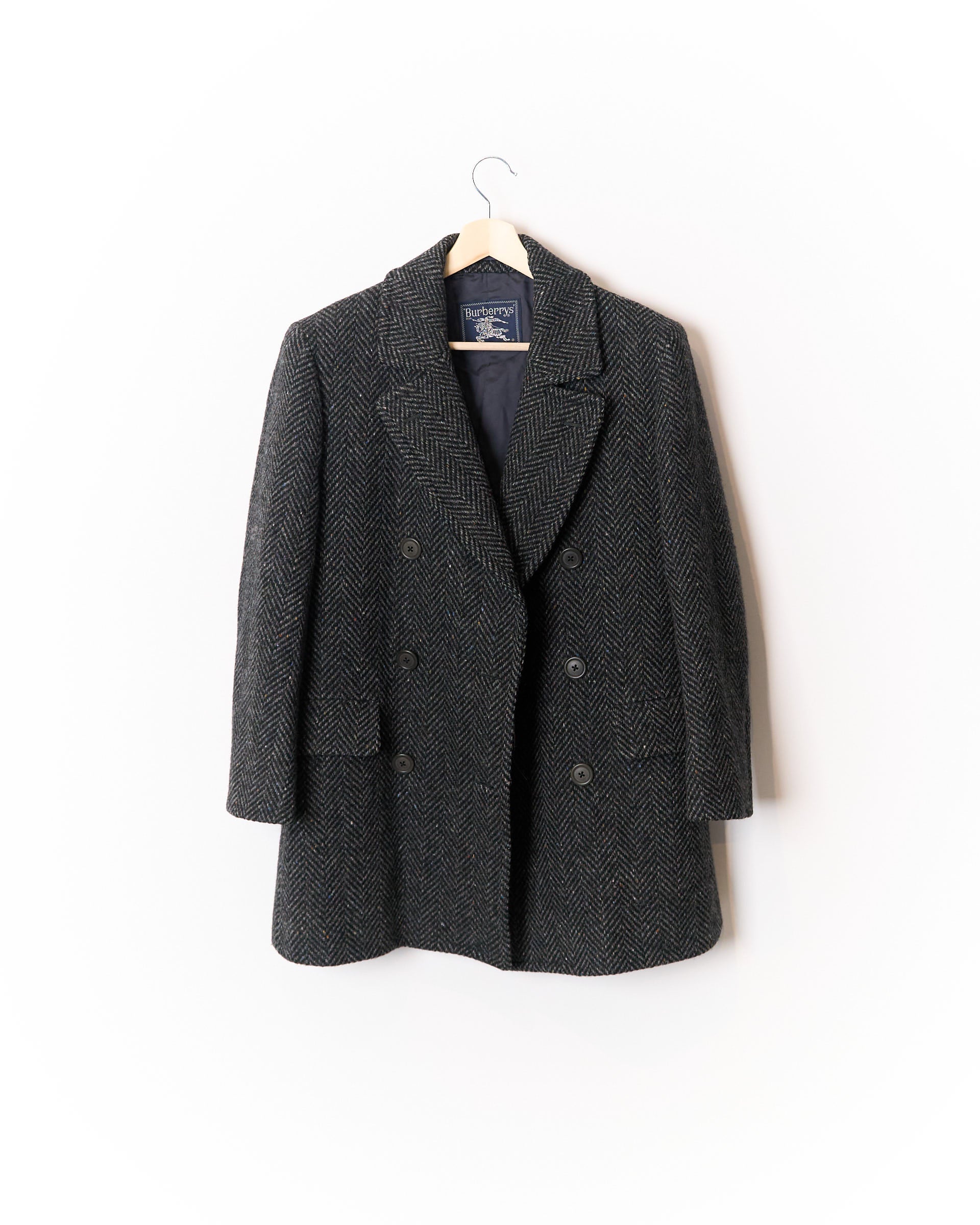 Burberry Dark Grey Herringbone British Tweed Double Chested Wool Coat