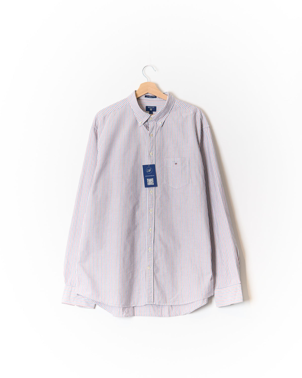 Gant White, Blue and Red Striped Oxford Banker Regular Fit Button Down Cotton Shirt