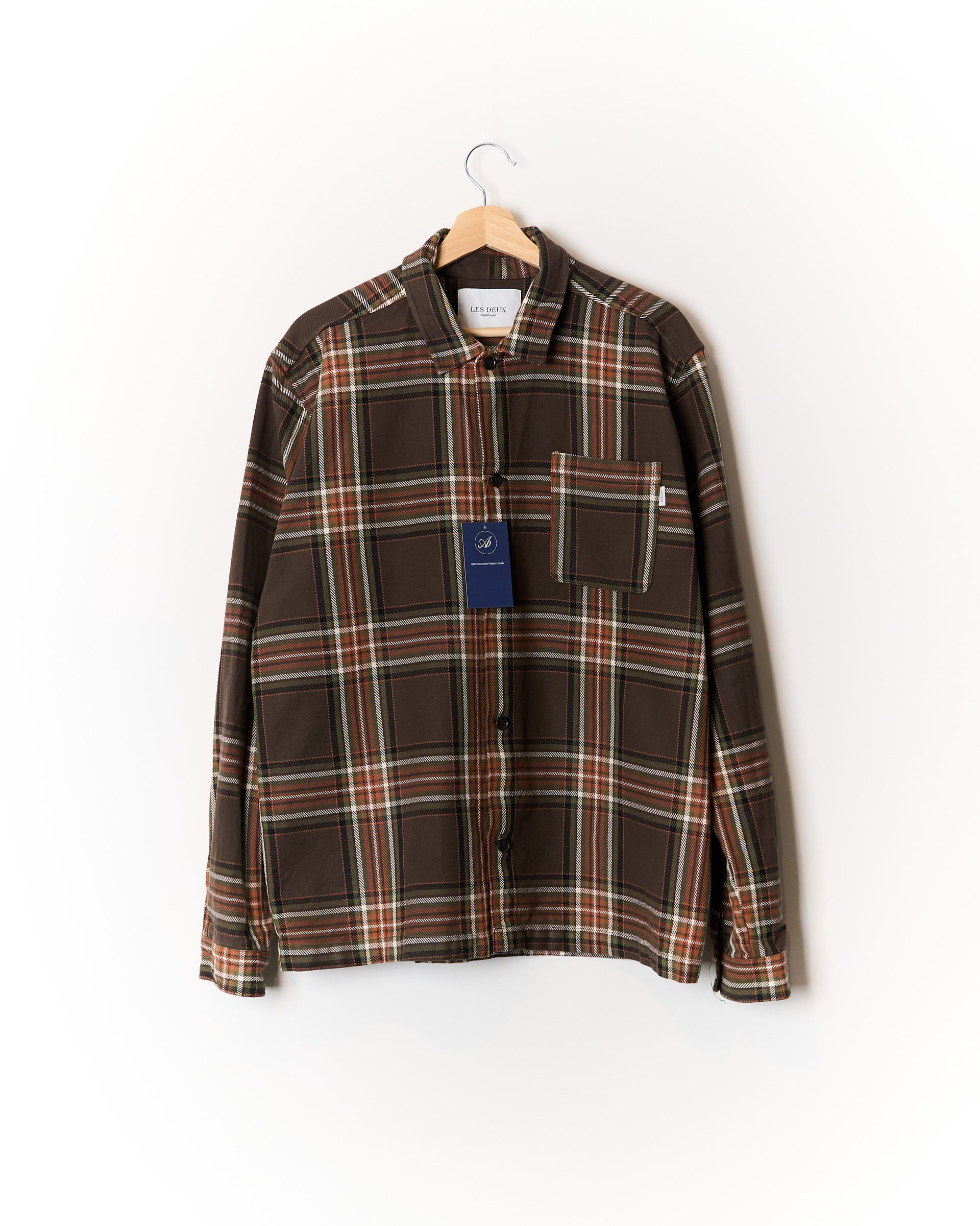 Les Deux Dark Green and Brown Keanu Check Twill Checkered Cotton Overshirt