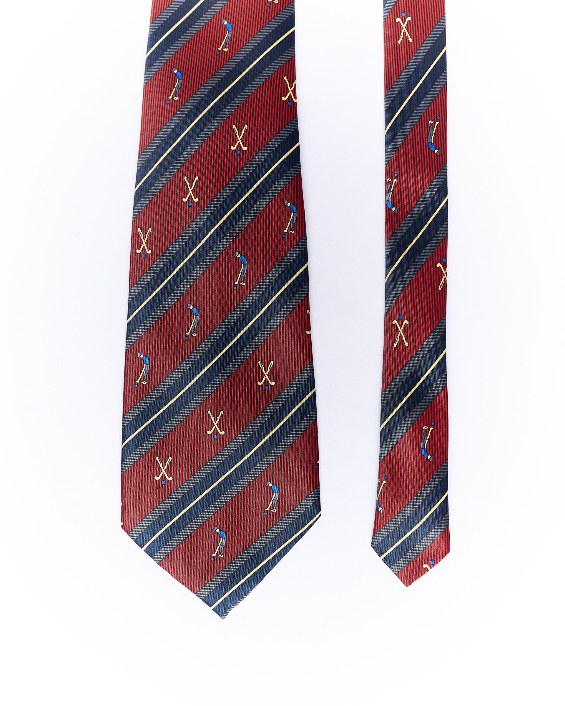 René Chagal Red and Navy Striped Golfer Print Silk Tie