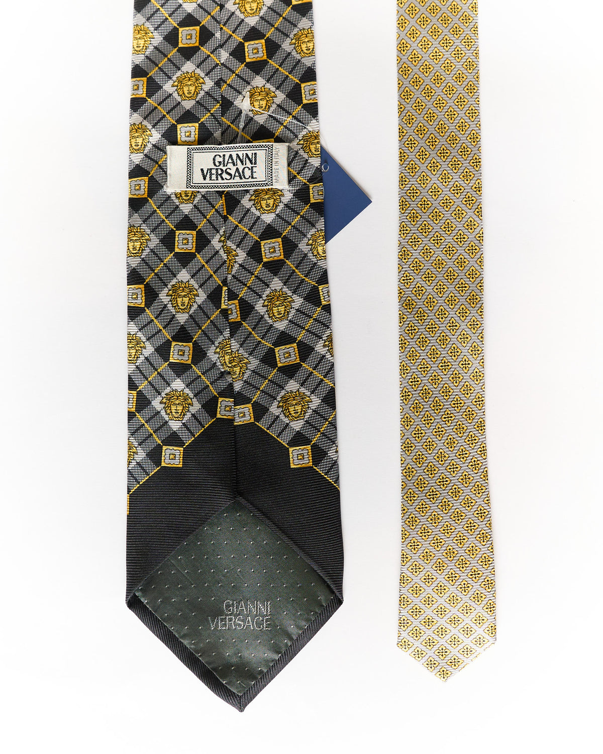 Versace Blue and Grey Checkered Vintage Print Silk Tie
