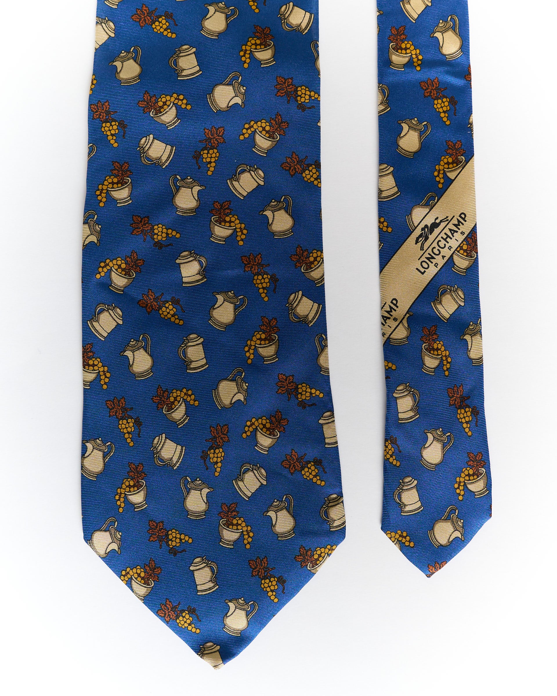 Longchamp Seidenkrawatte in Azurblau mit Topf- und Beerenmuster
