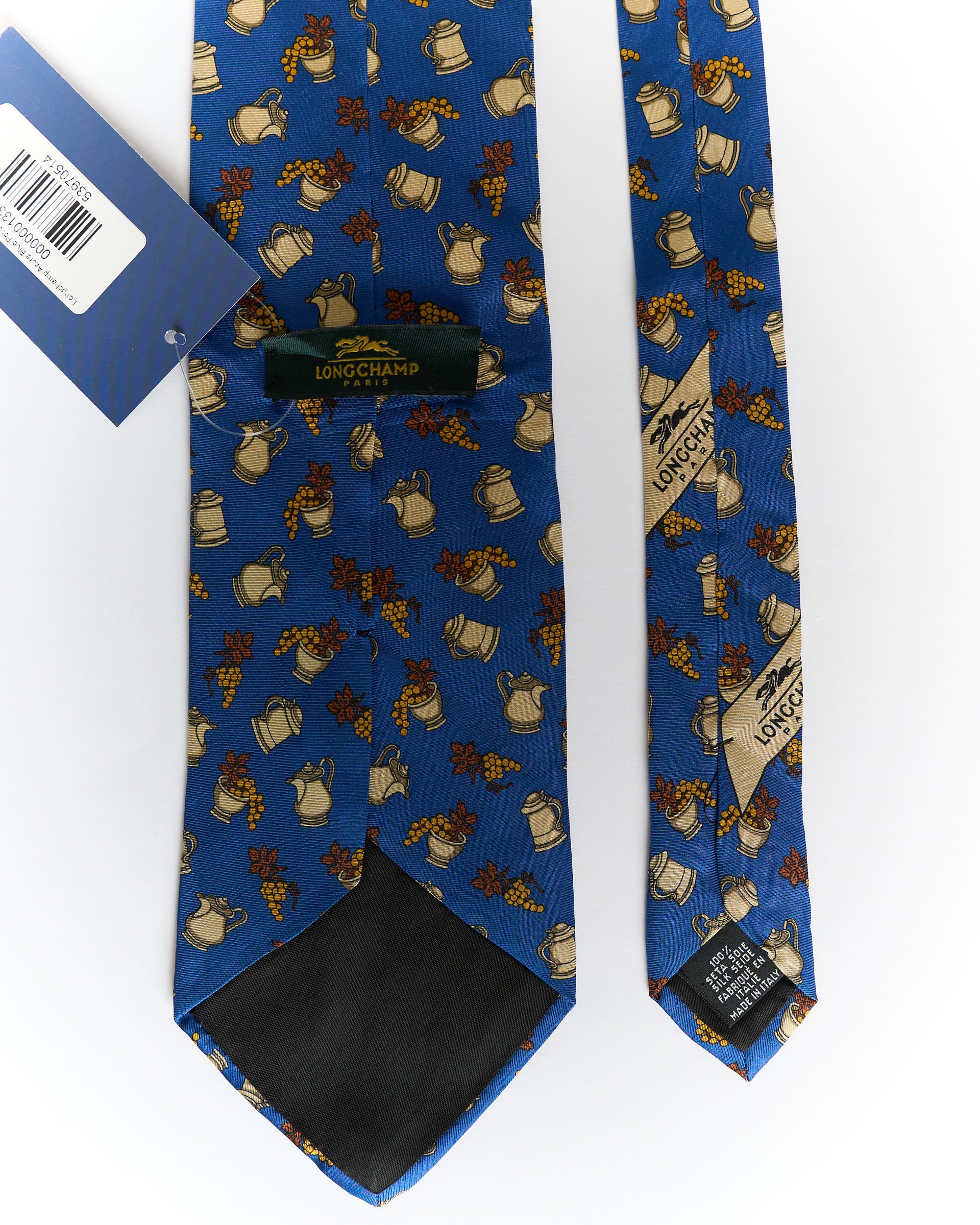 Longchamp Seidenkrawatte in Azurblau mit Topf- und Beerenmuster