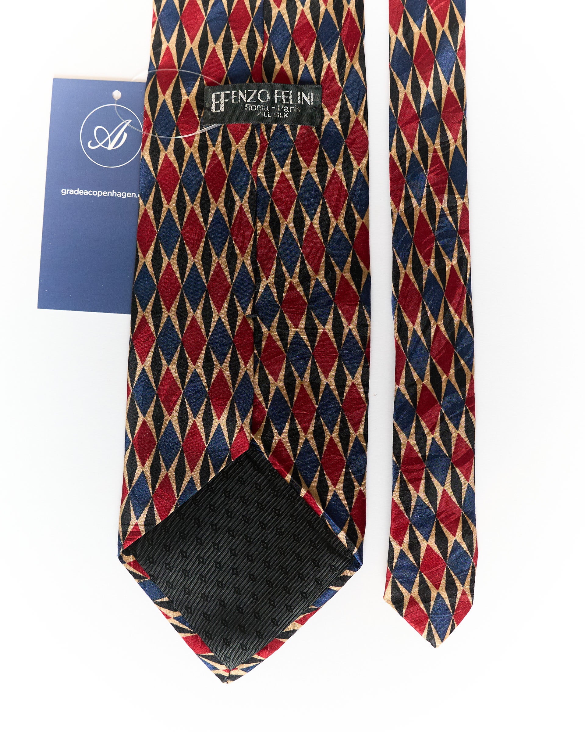 EF Enzo Felini Navy, Red and Gold Harlequin Hand Made Silk Tie