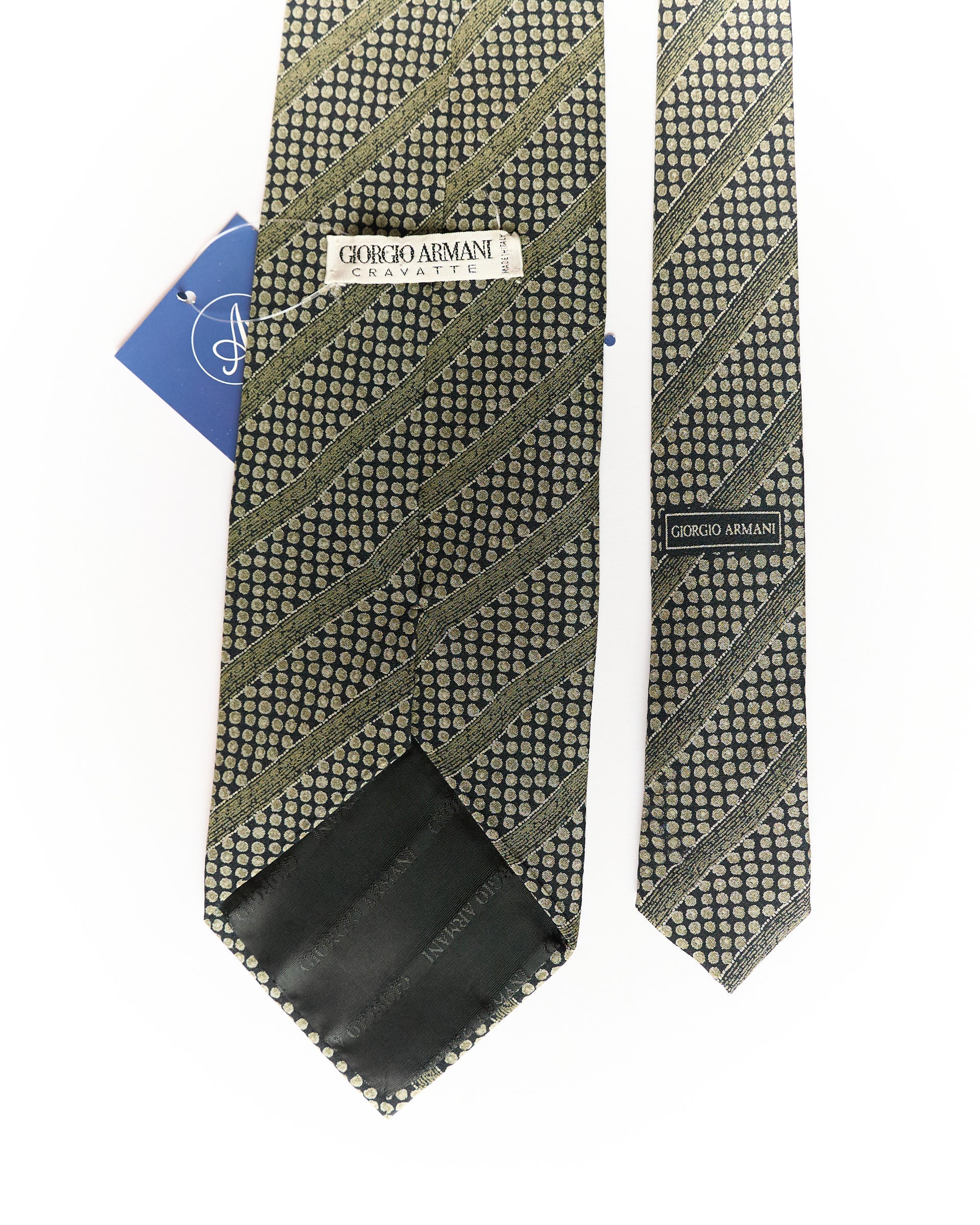 Giorgio Armani Green and Dark Grey Striped and Dotted Silk Tie