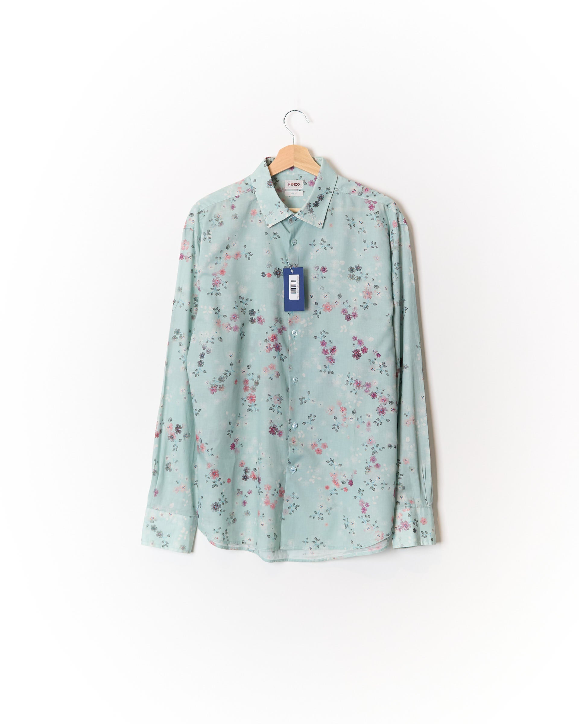 Kenzo Light Green Flower Print Slim Fit Cotton Shirt