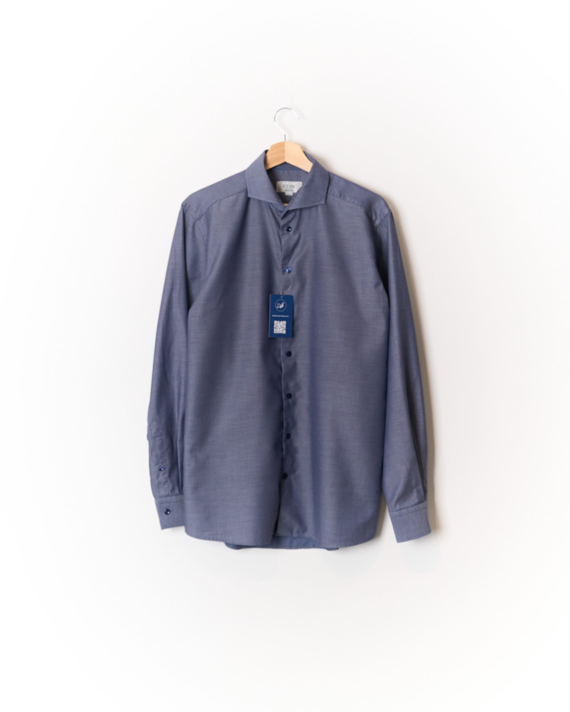 Eton Dark Blue and White Dotted Contemporary Cotton Shirt