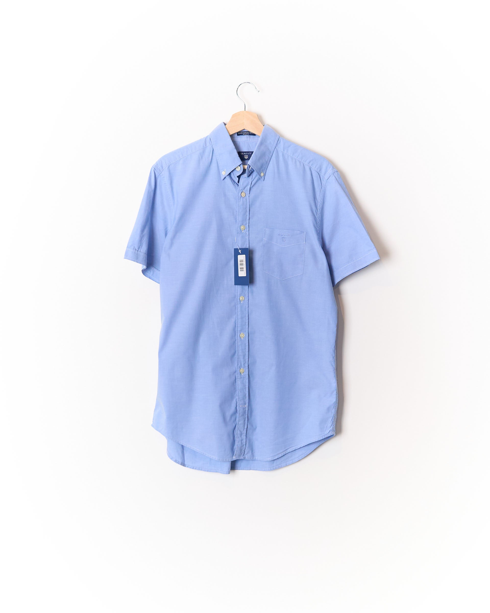 Gant Light Blue Washed Pinpoint Oxford Regular Fit Button Down Cotton Short Sleeved Shirt