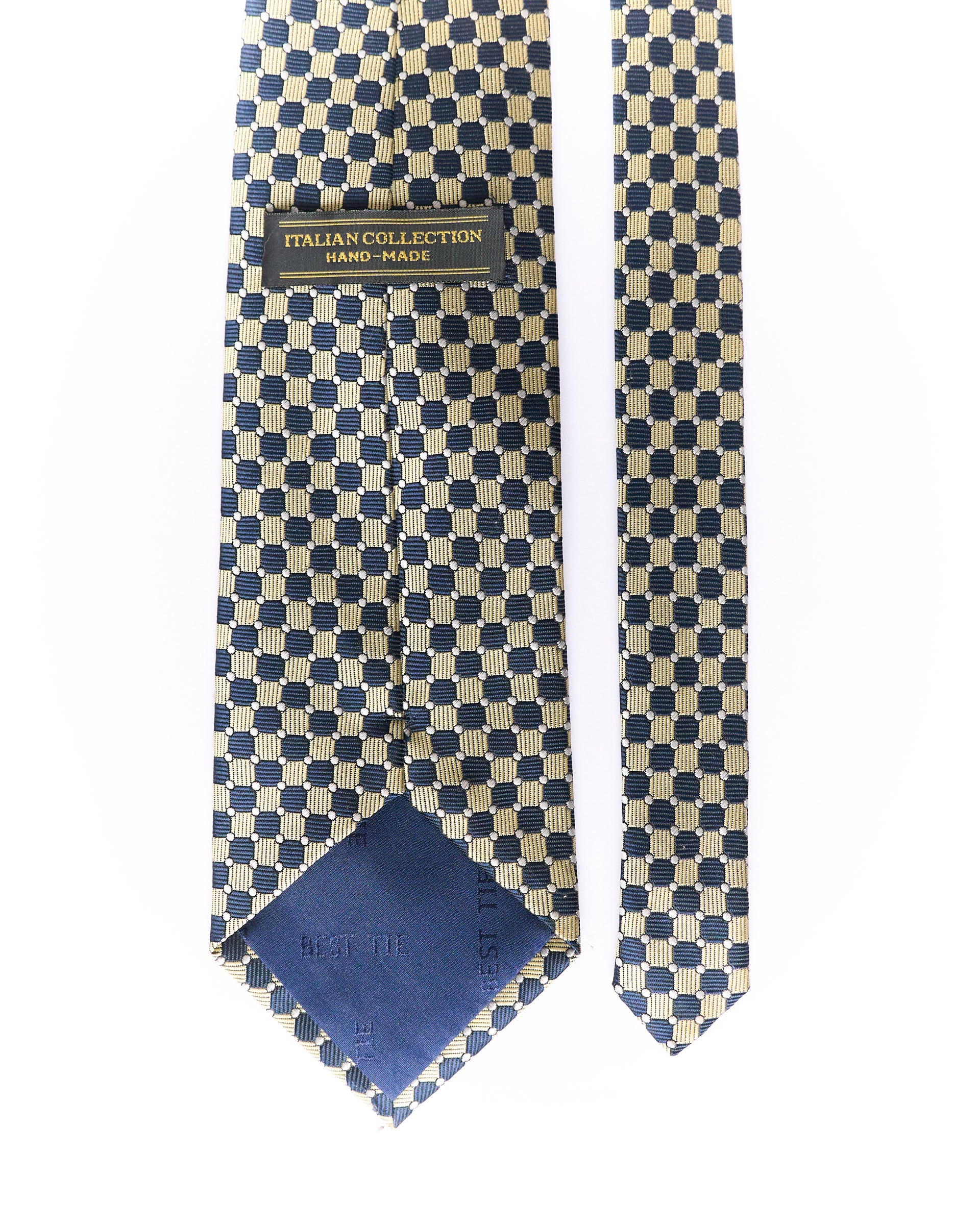 Yellow and Navy Square Checkered Hand Made Silk Tie