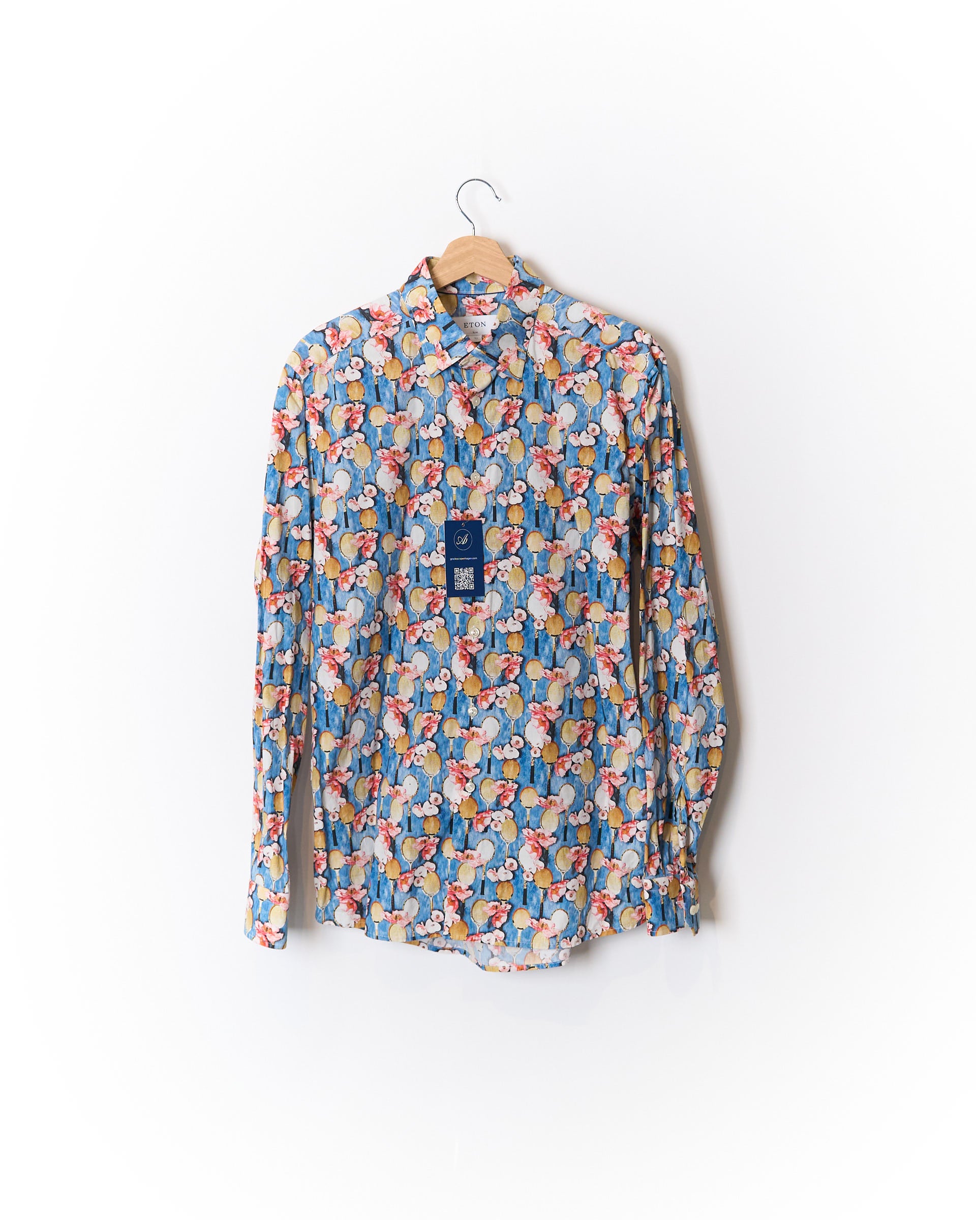 Eton Blue Flower and Tennis Rack Print Slim Cotton Shirt