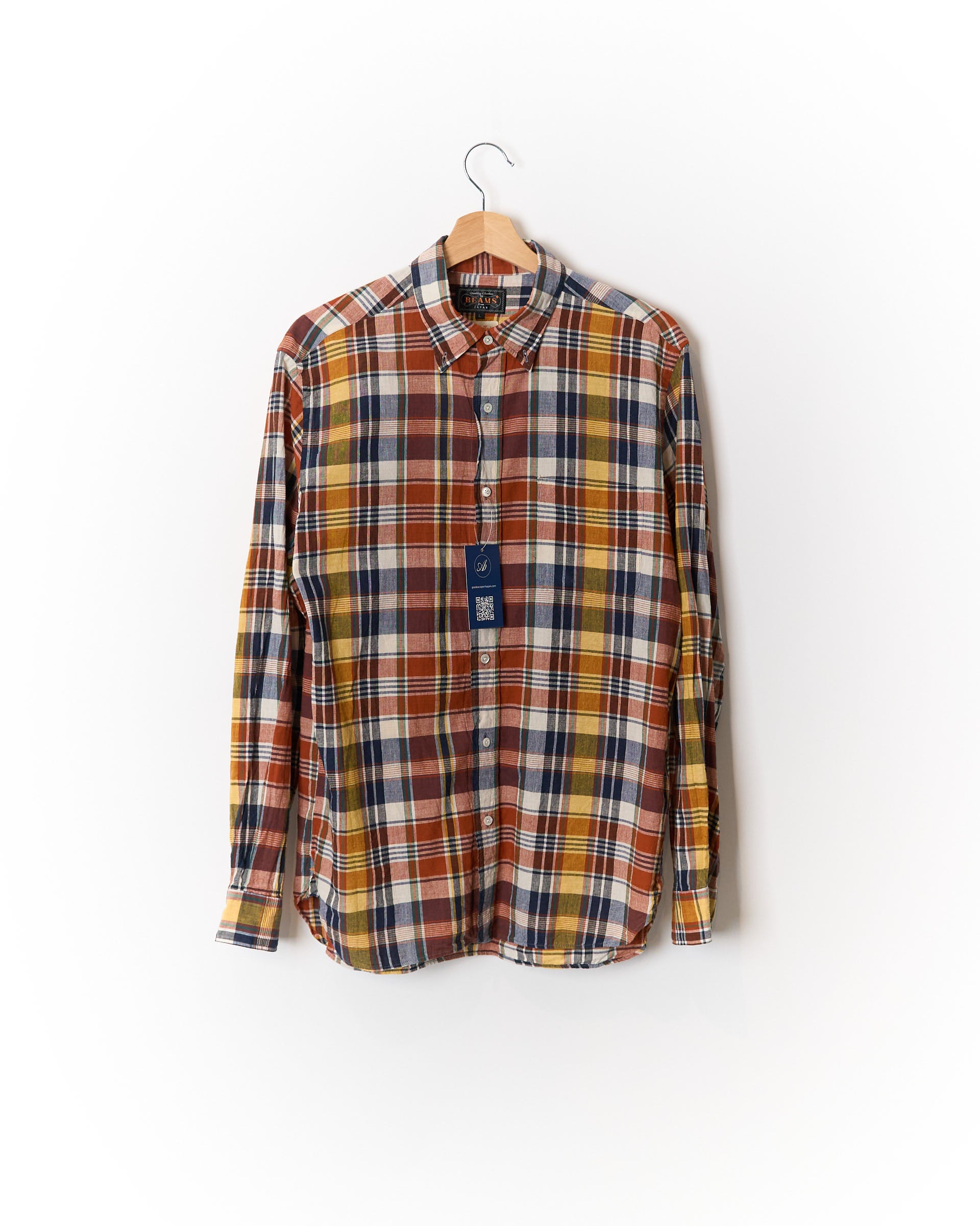 BEAMS+ Orange, Navy and Yellow Checkered Madras Button Down Cotton Shirt