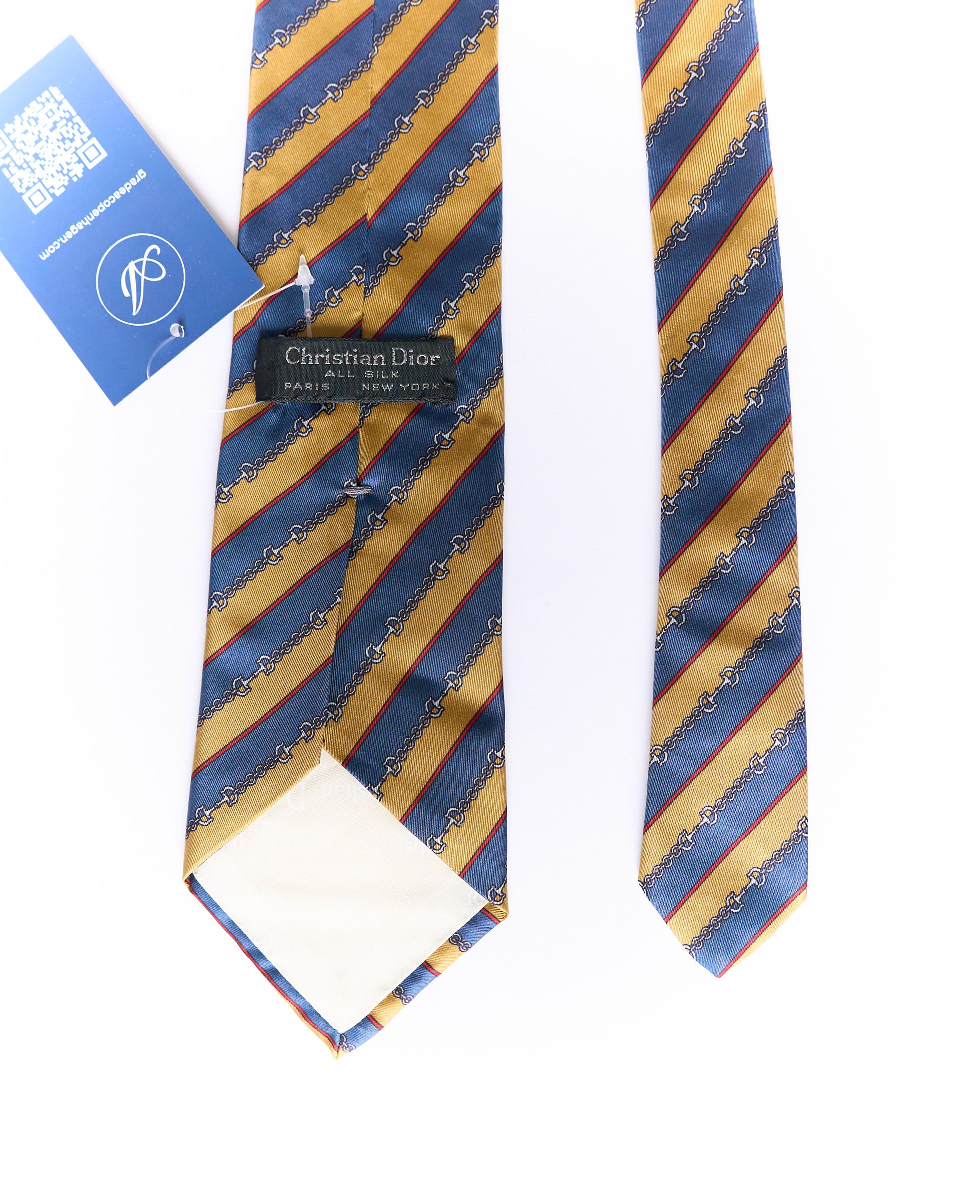 Christian Dior Navy and Yellow Striped Gold Chain Print Silk Tie