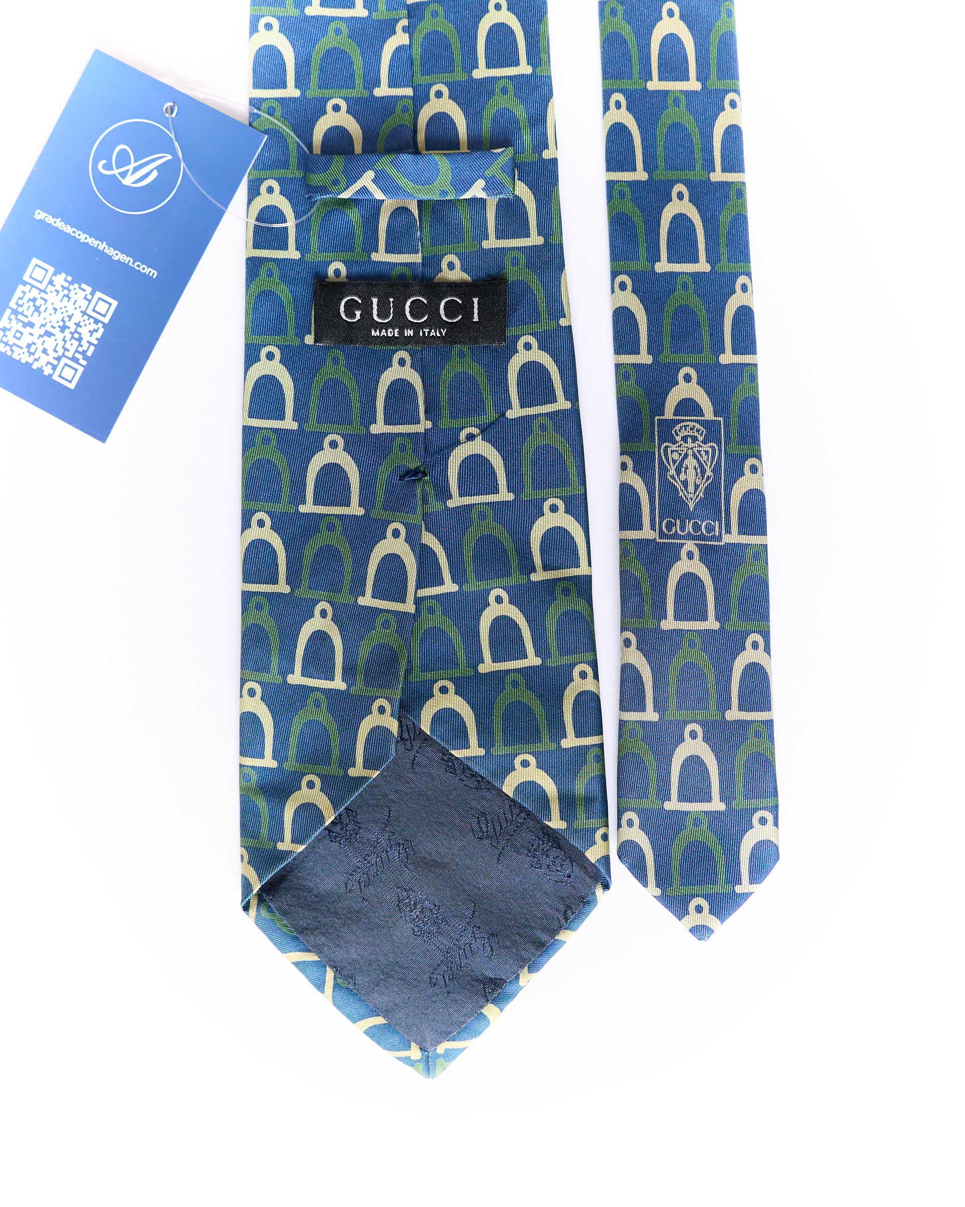 Gucci Navy, Beige and Green Stirrups Print Silk Tie