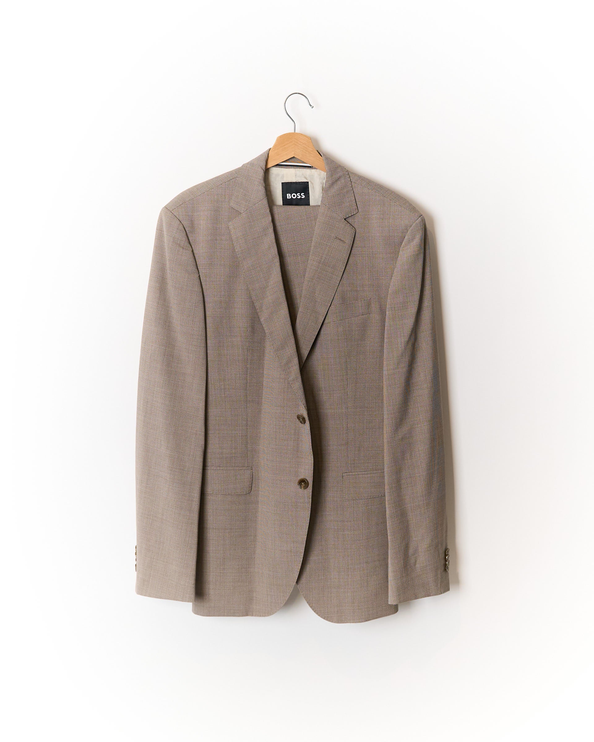 Hugo Boss Light Brown Checkered Straight Leg Virgin Wool Suit