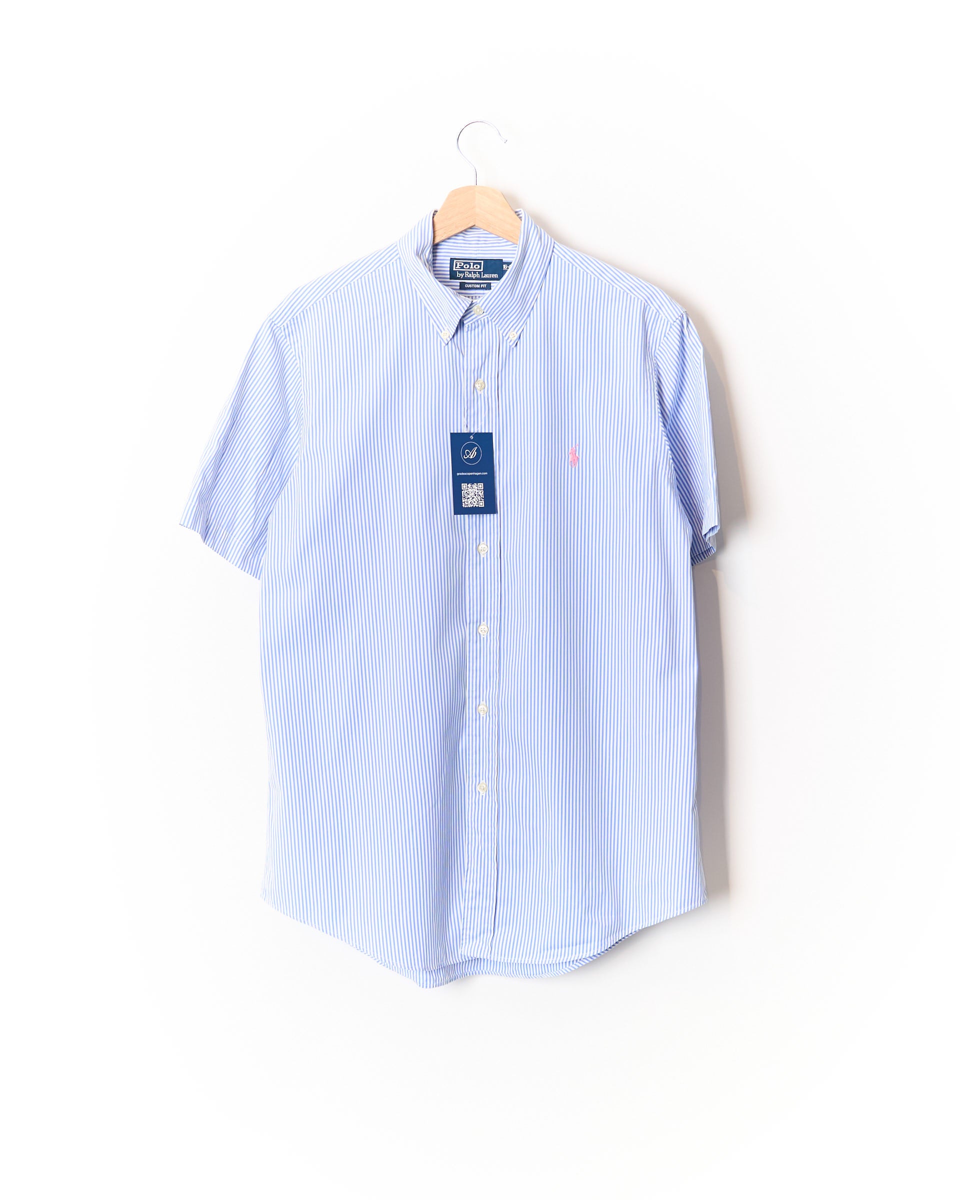 Polo Ralph Lauren White and Blue Striped Custom Fit Button Down Short Sleeved Shirt
