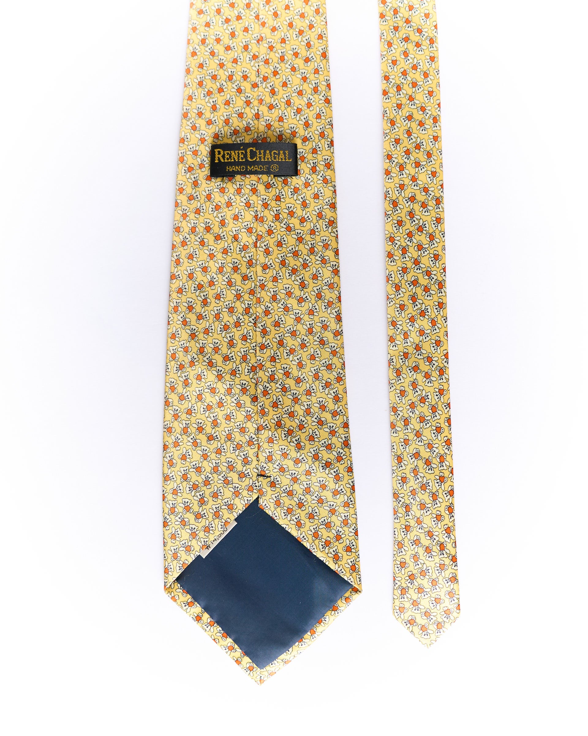 René Chagal Yellow Teddy Bear Print Hand Made Silk Tie