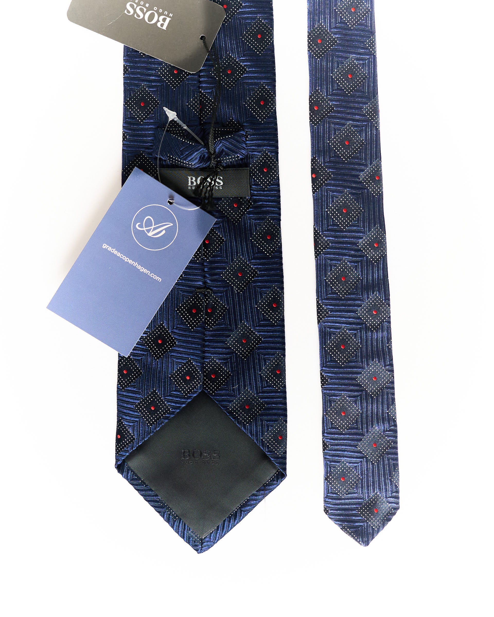 Hugo Boss Navy Checkered and Dotted Silk Tie