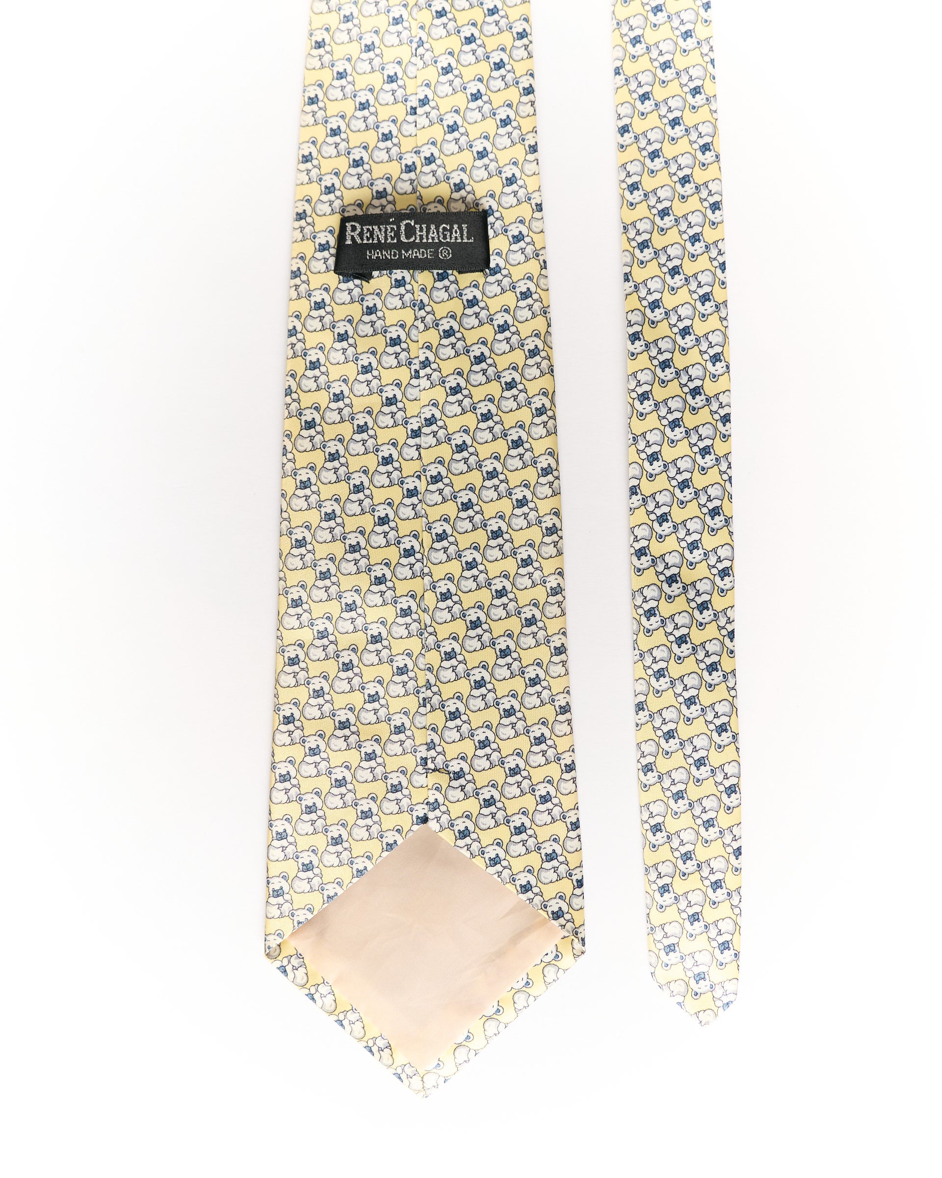 René Chagal Beige Teddy Bear Print Hand Made Silk Tie