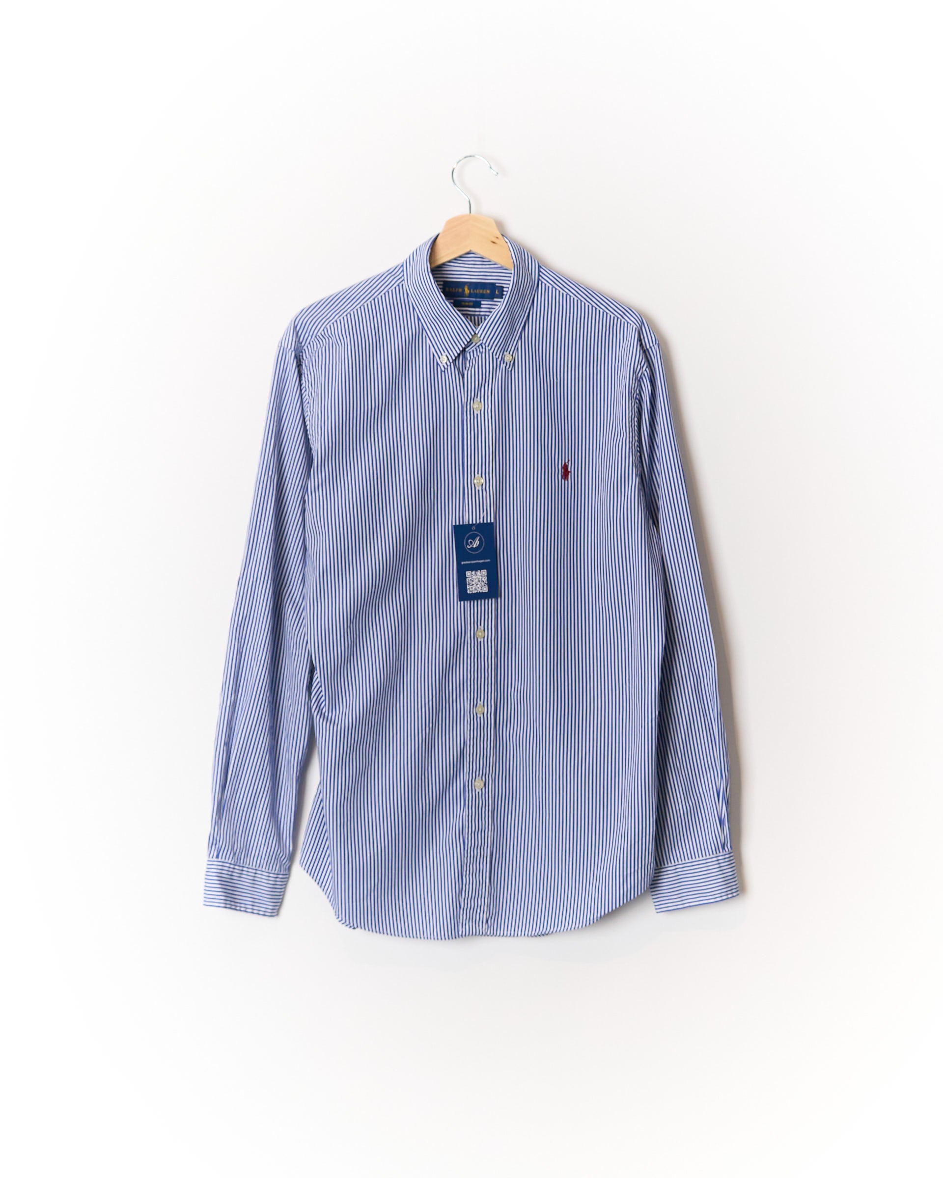 Ralph Lauren Blue and White Striped Slim Fit Button Down Cotton Shirt
