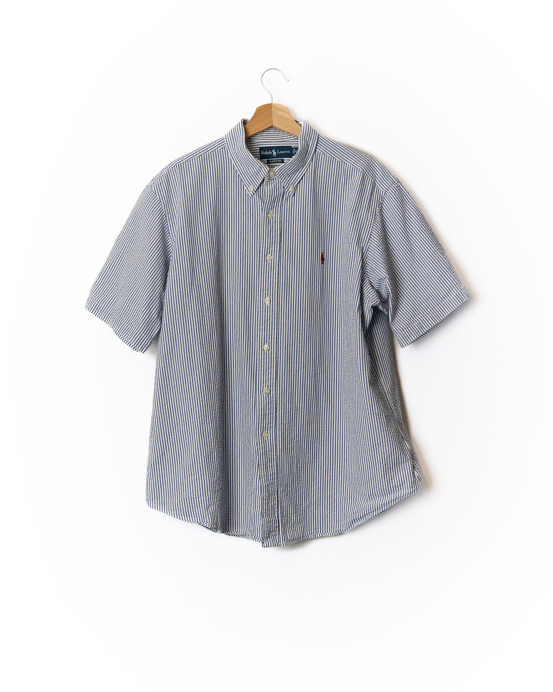 Ralph Lauren White and Light Blue Striped Seersucker Classic Fit Button Down Short Sleeved
