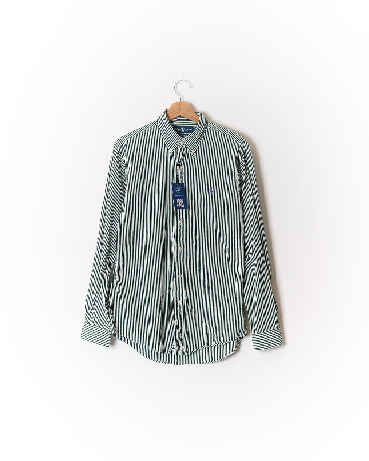Ralph Lauren Green and White Striped Custom Fit Button Down Cotton Shirt