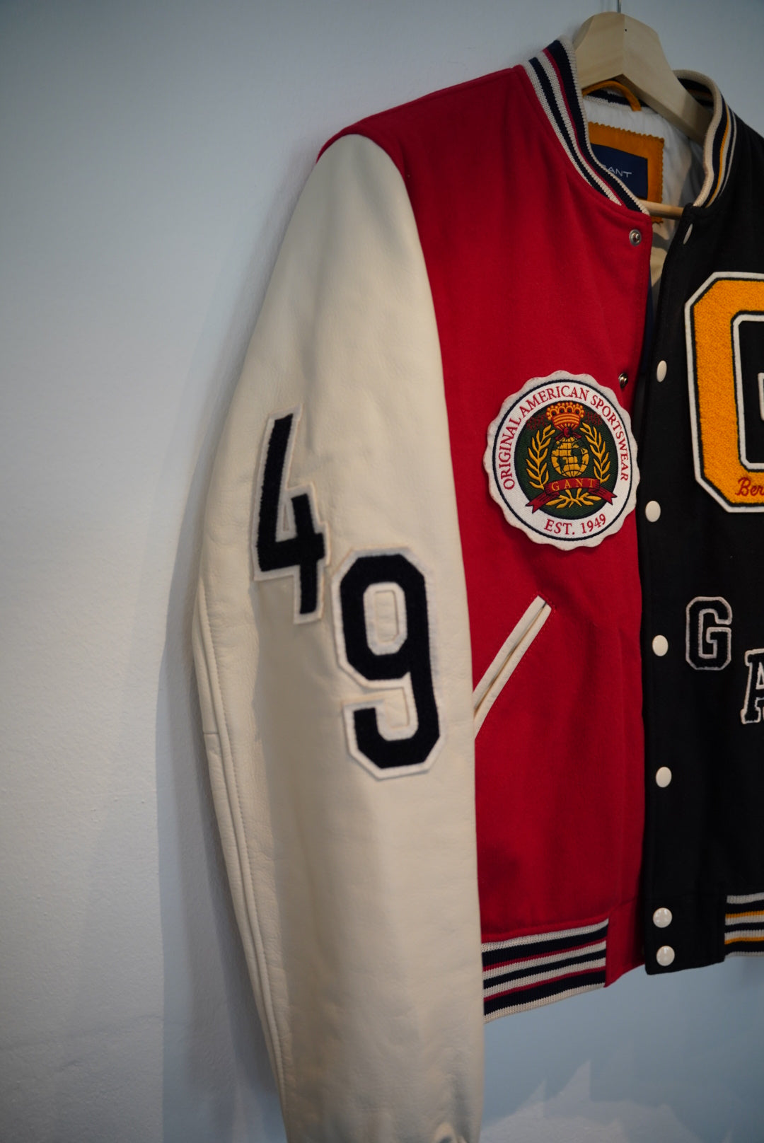 Gant Red, Black, Yellow and White Leather Sleeves Press-Stud Varsity Jacket