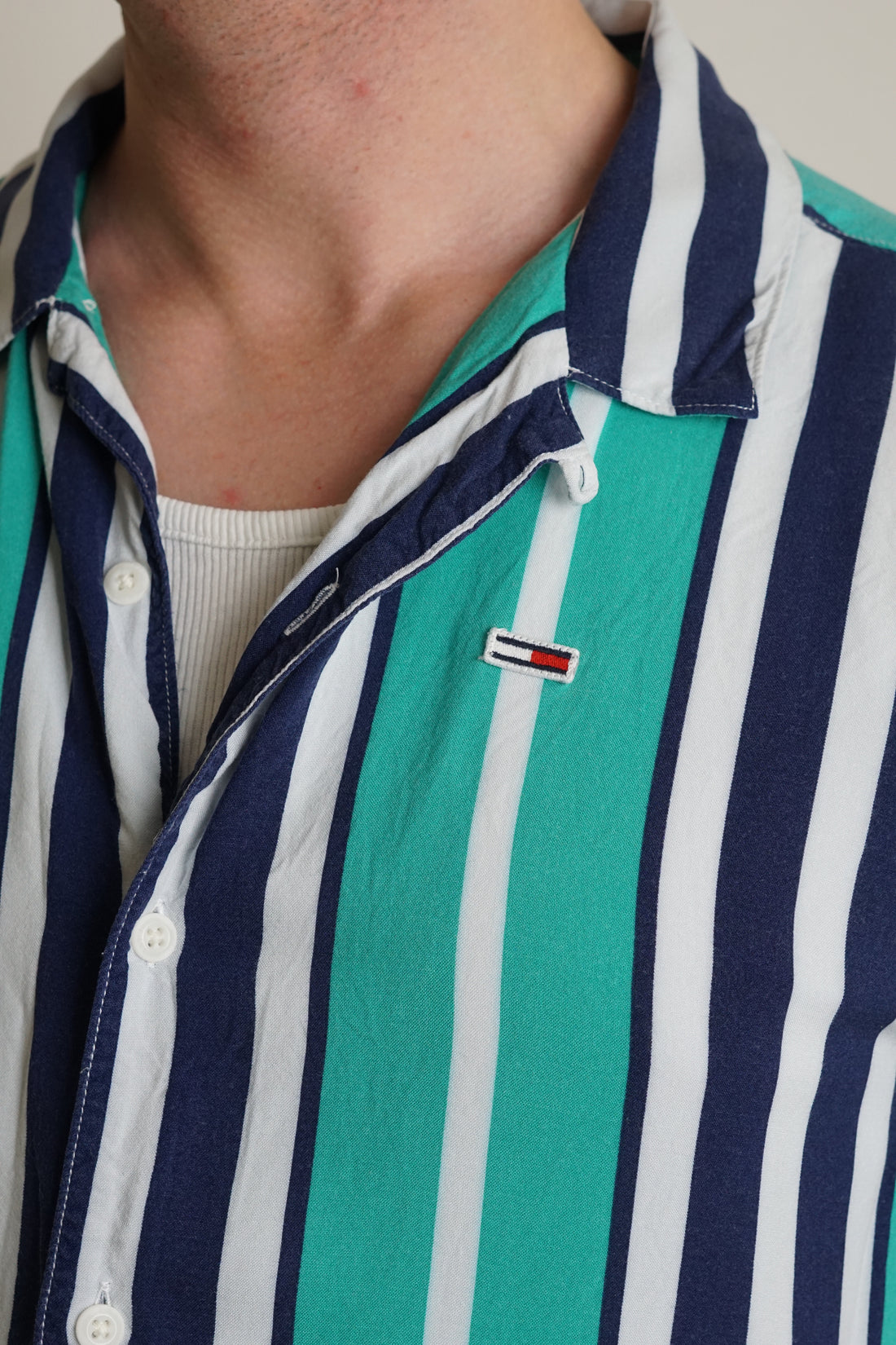 Tommy Hilfiger Green and Navy Striped Relaxed Fit Short Sleeved Shirt