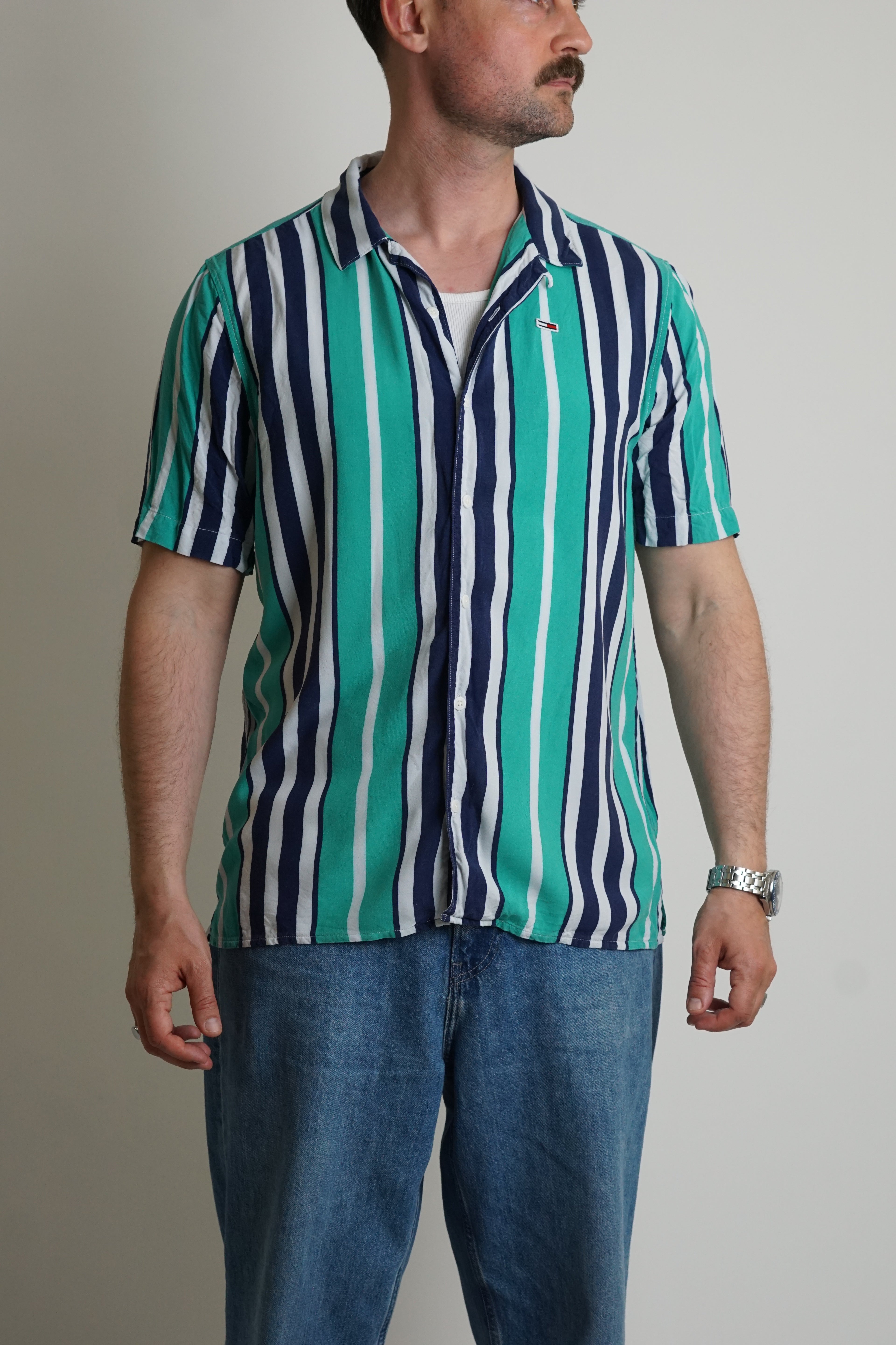 Tommy Hilfiger Green and Navy Striped Relaxed Fit Short Sleeved Shirt