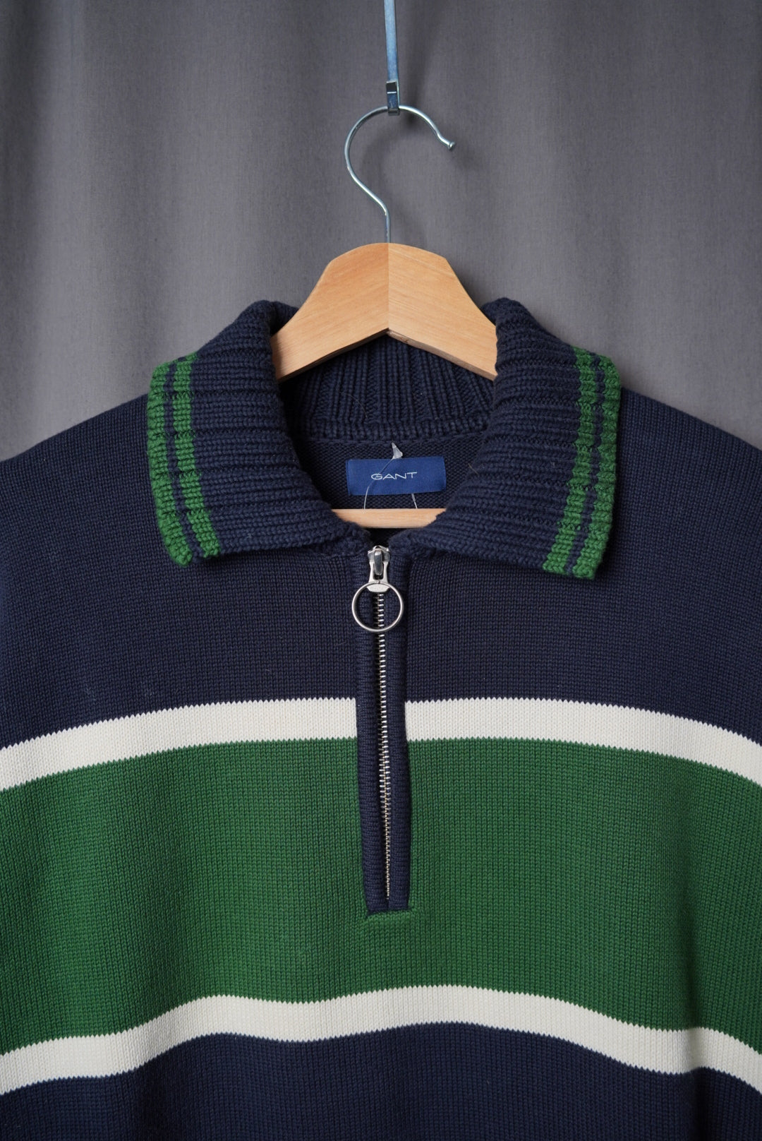Gant Navy, Green and White Striped Half Zip Cotton Knit