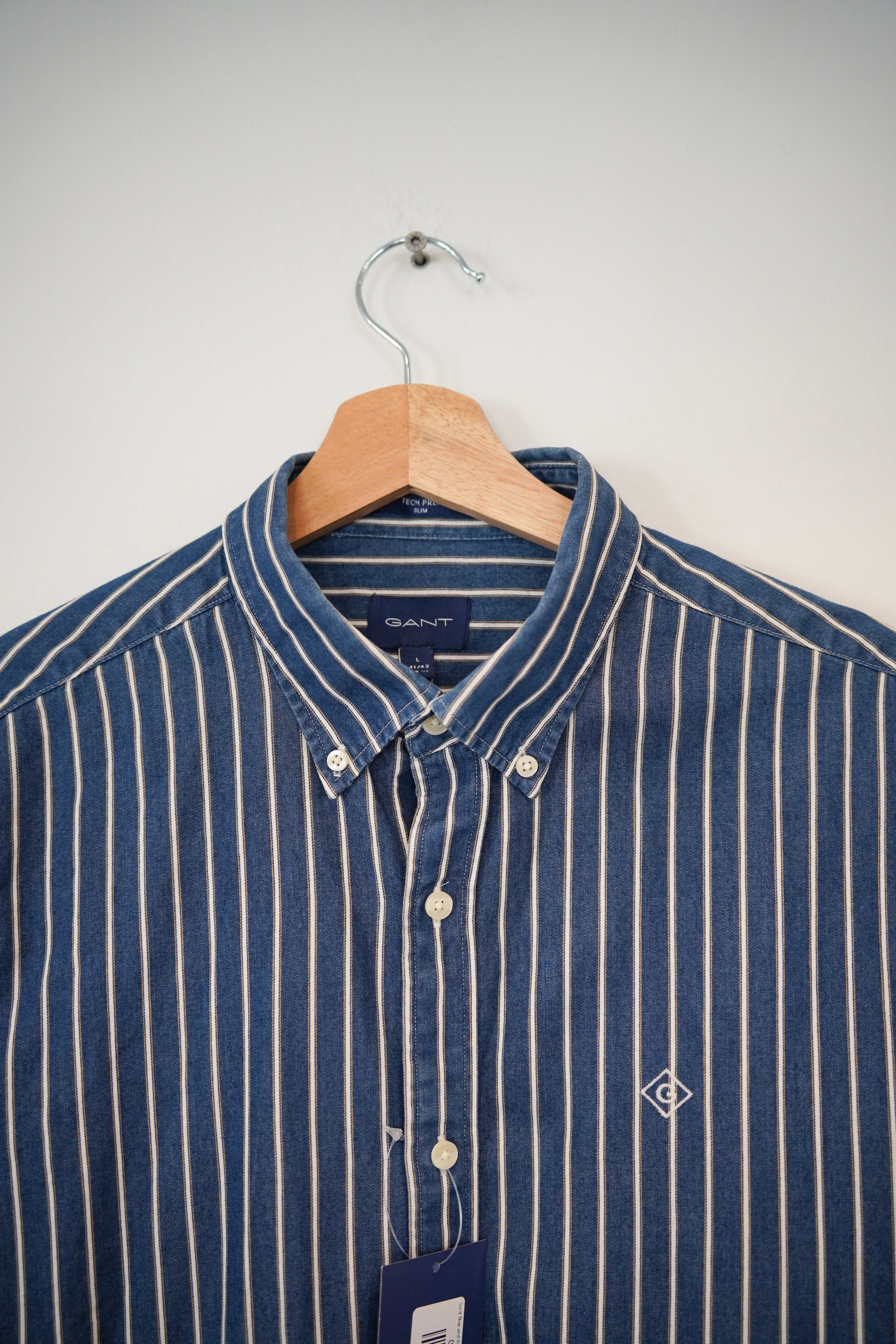 Gant Blue and White Striped Tech Prep Slim Shirt