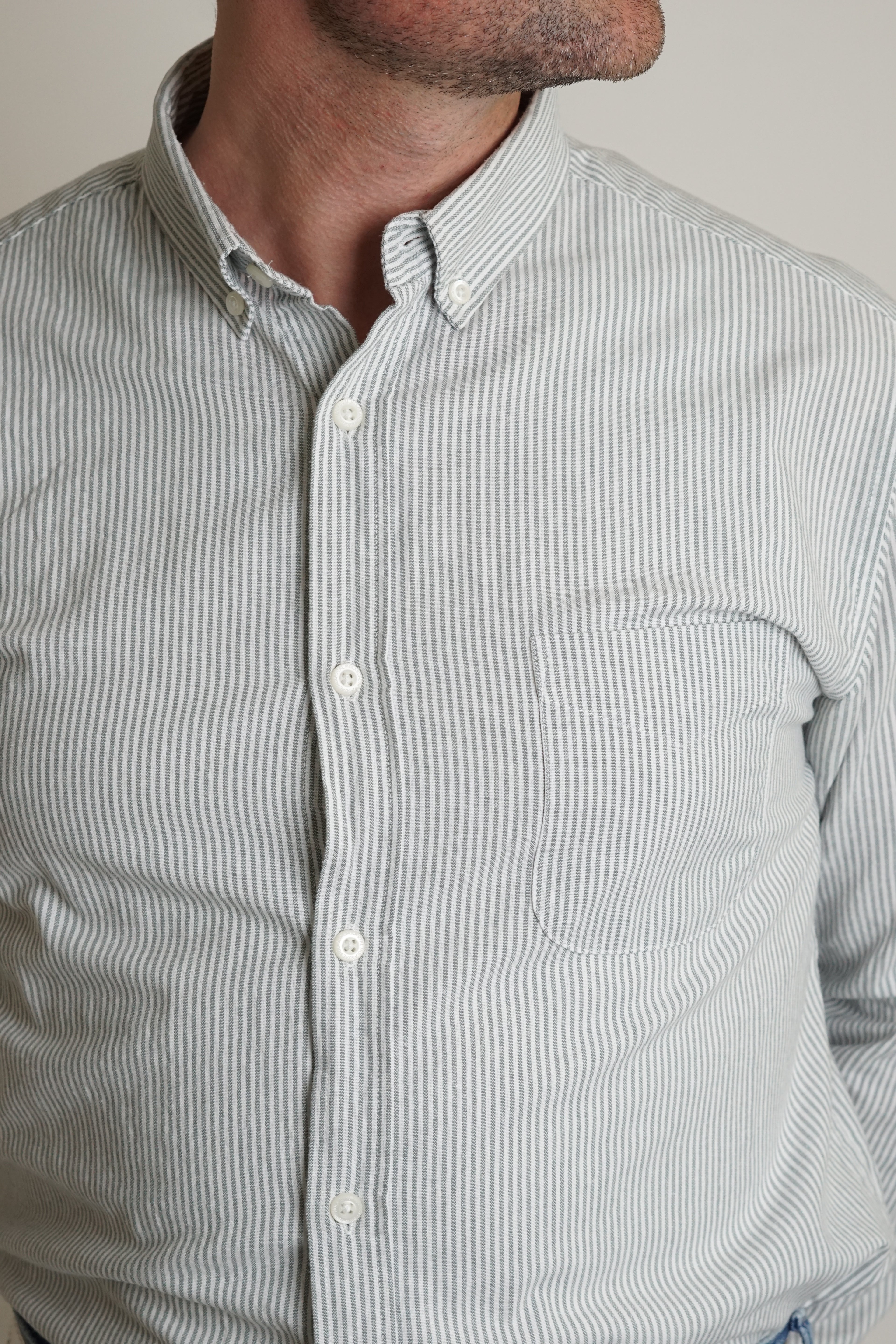 MO Casual Green and White Striped Regular Fit Shirt