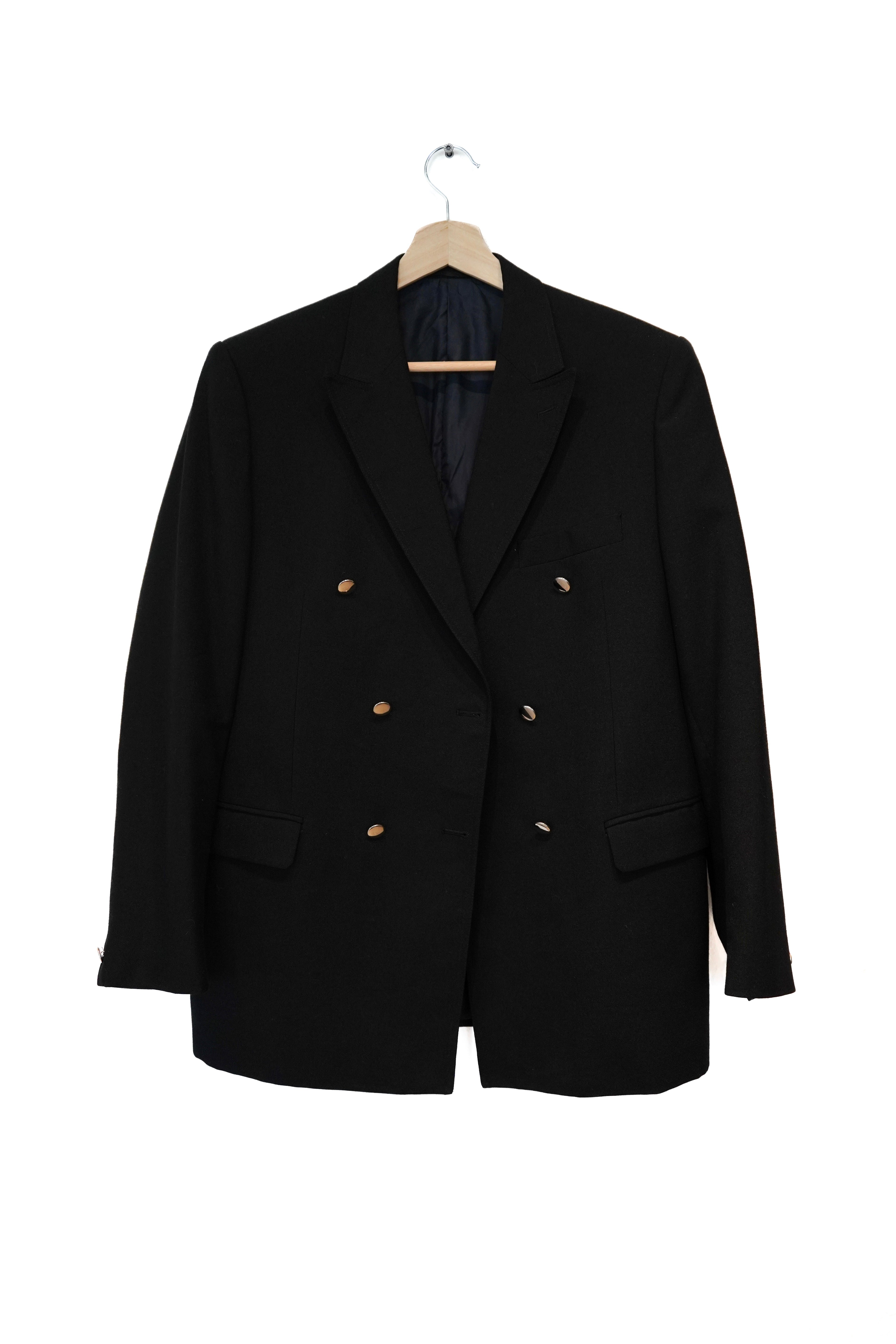 Schwarzer Vintage-Blazer mit zwei Brusttaschen und silbernen Knöpfen