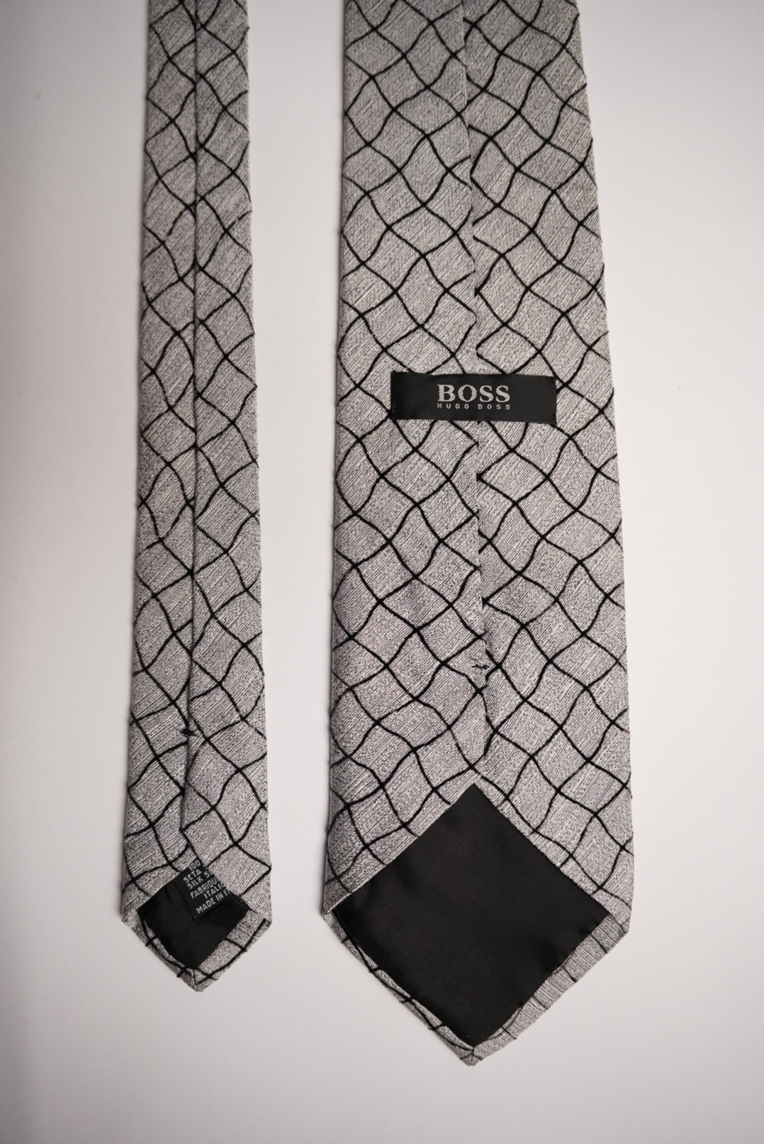 Hugo Boss Light Grey and Black Checkered Silk Tie
