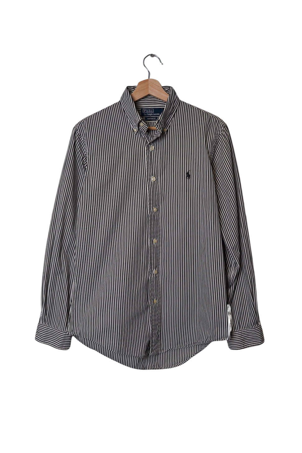 Polo Ralph Lauren Black and White Striped Custom Fit Cotton Button Down Shirt