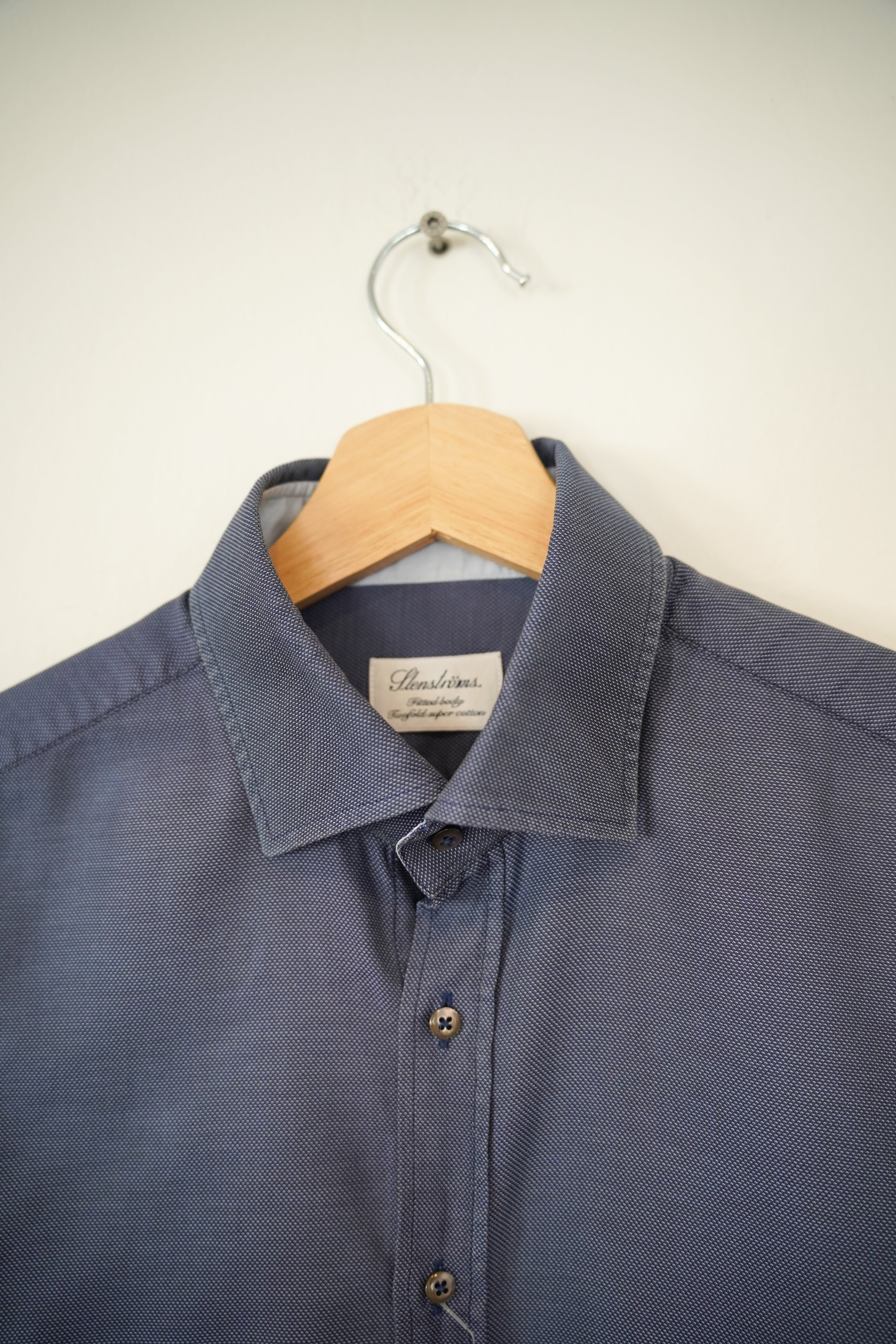 Stenströms Darkblue Dotted Fitted Body Twofold Super Cotton Shirt