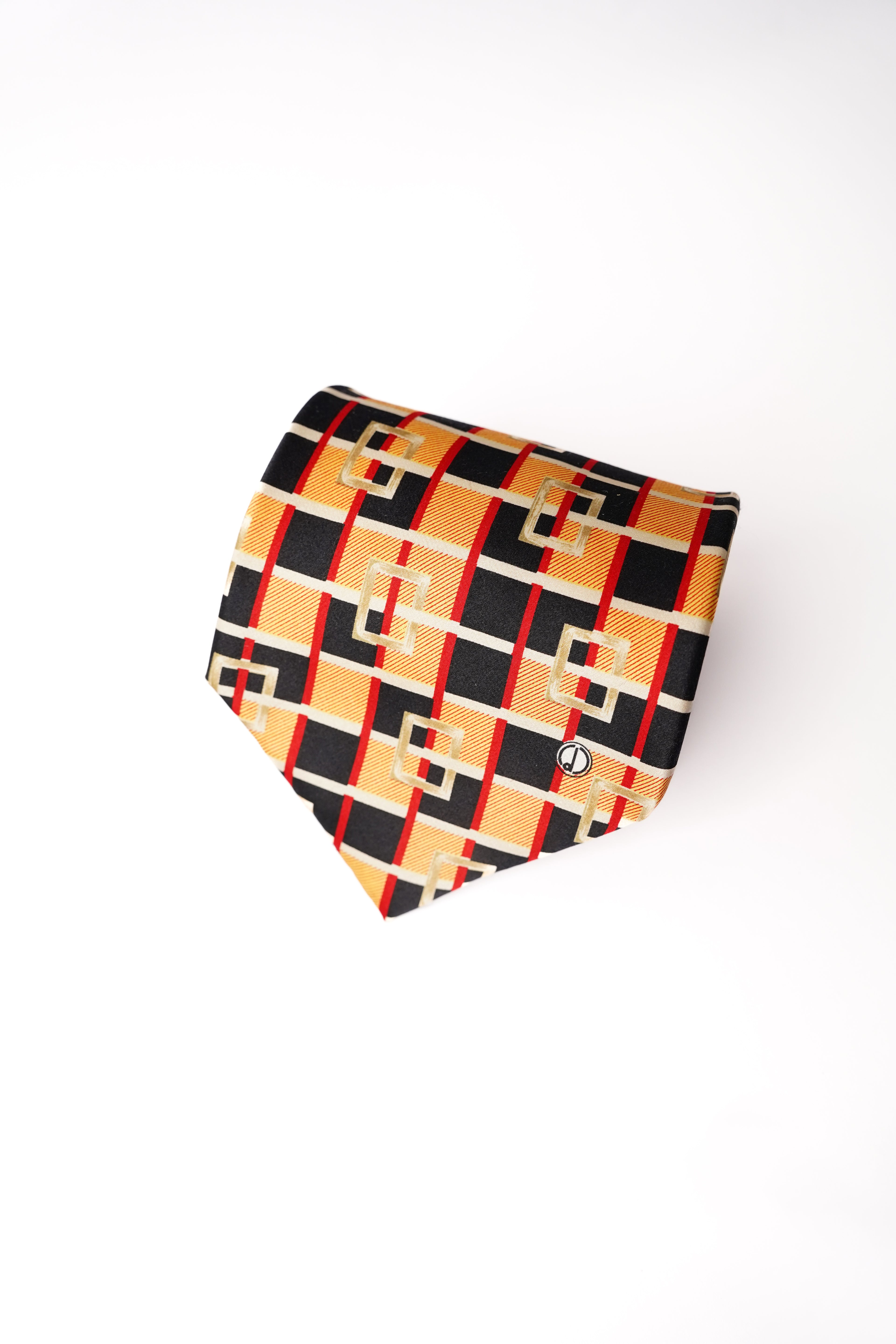 Quadratische Vintage-Seidenkrawatte von Dunhill in Gelb, Marineblau und Rot
