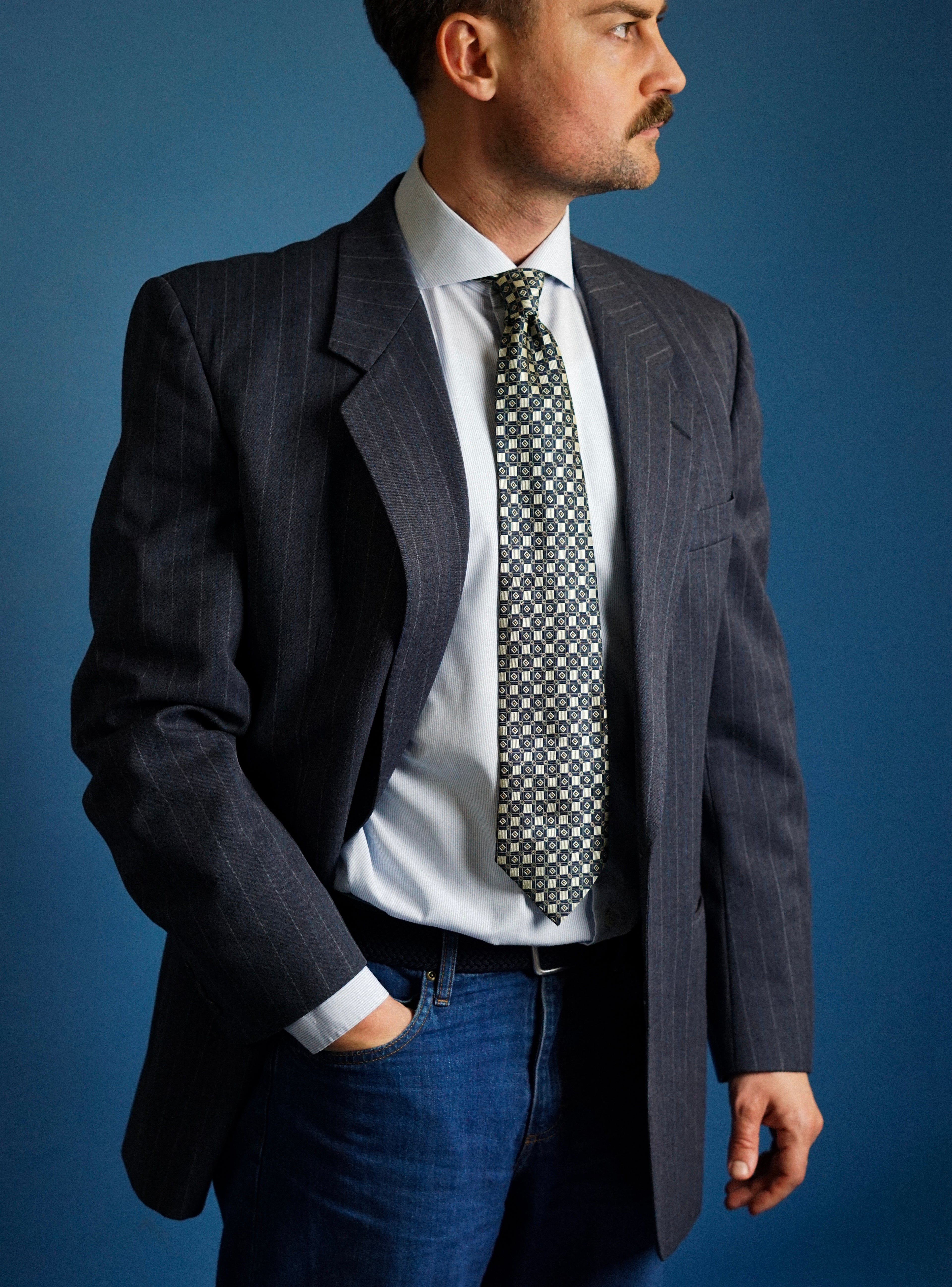 Oscar Jacobson Gray Pinstriped Cotton Blazer