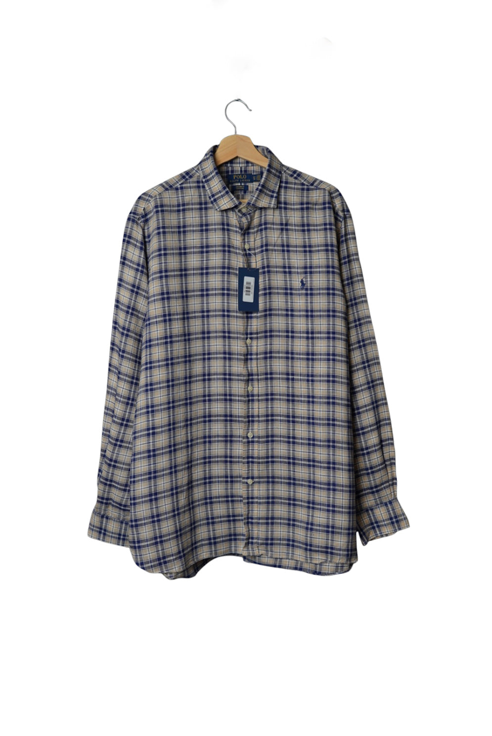 Polo Ralph Lauren Navy and Beige Checkered Custom Fit Easy Care Button Down Linen Shirt