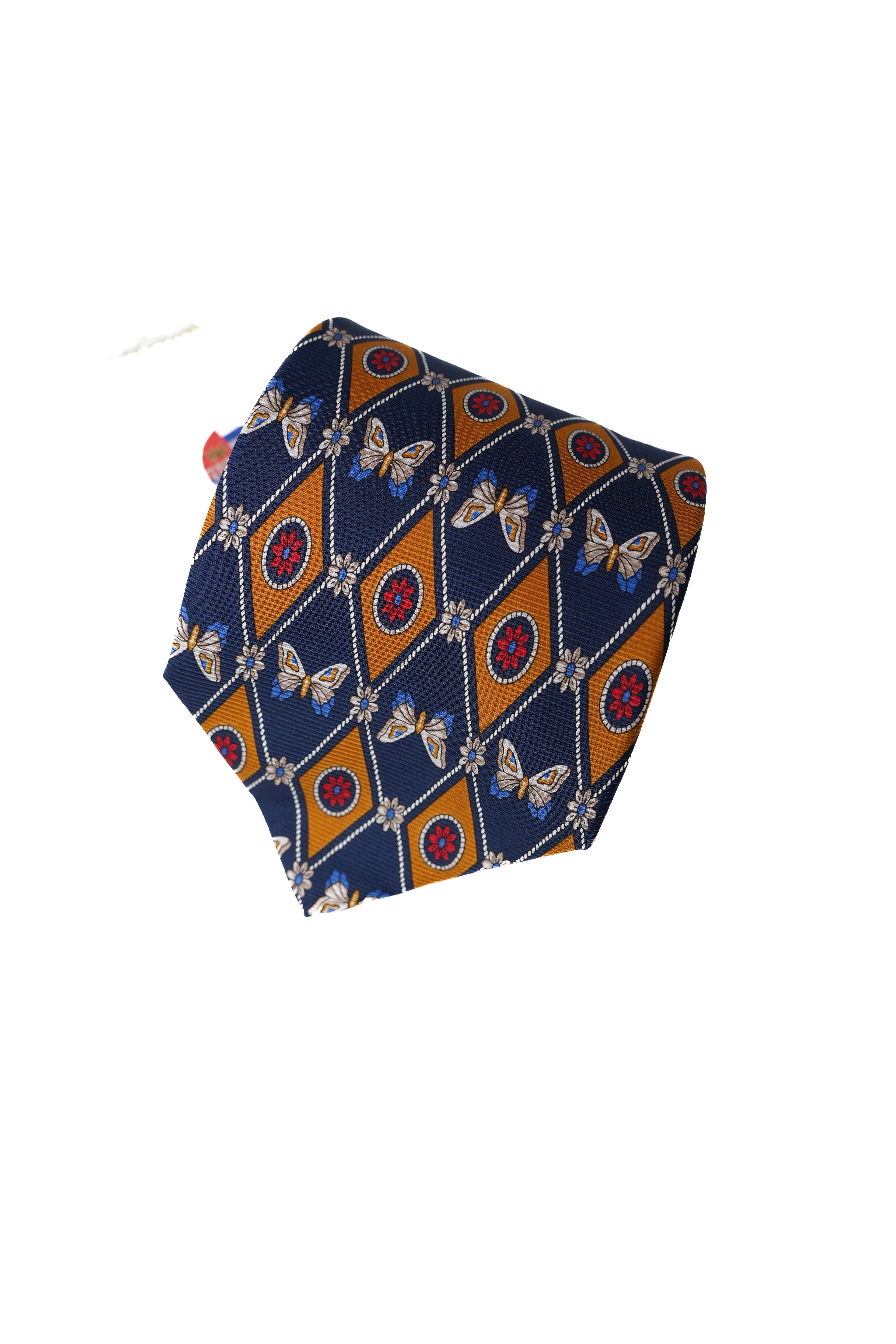 Il Nodo Vintage-Krawatte aus marineblauer und gelber Harlekin-Seide
