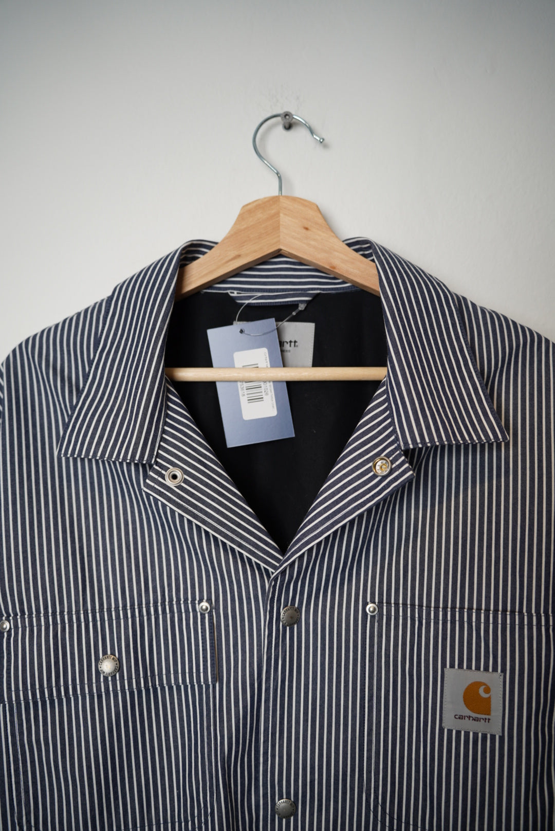 Carhartt Navy and White Striped Notus Coach Cotton Jacket